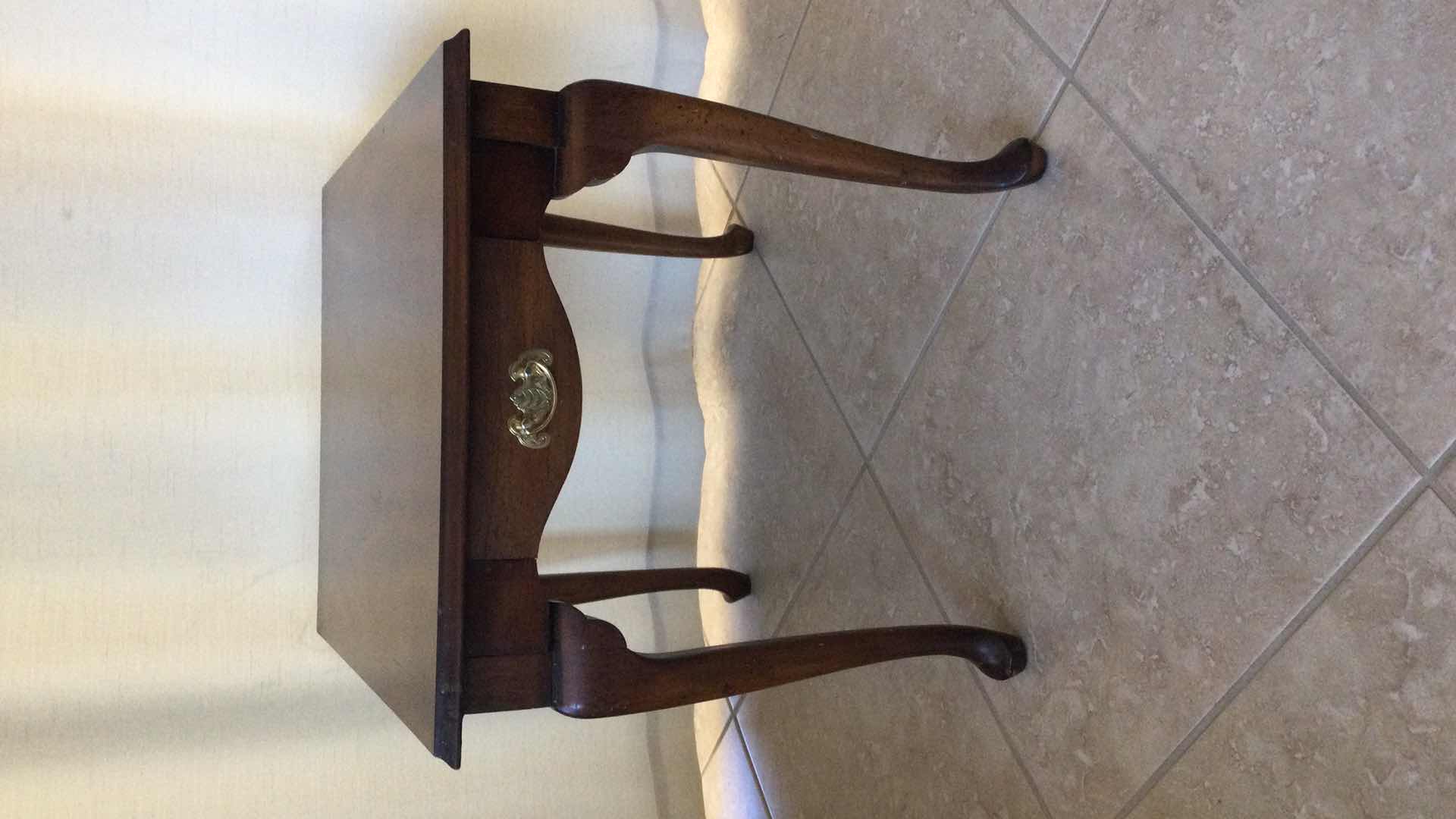 Photo 1 of VINTAGE DARK WOOD 1-DRAWER SIDE TABLE 22” X 27” H 22.5”