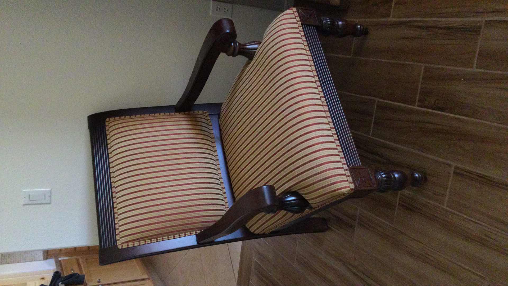 Photo 1 of ITALIAN CONCEPTS CARVED WOOD W/ STRIPED FABRIC BACK & SEAT OVERSIZED ARM CHAIR