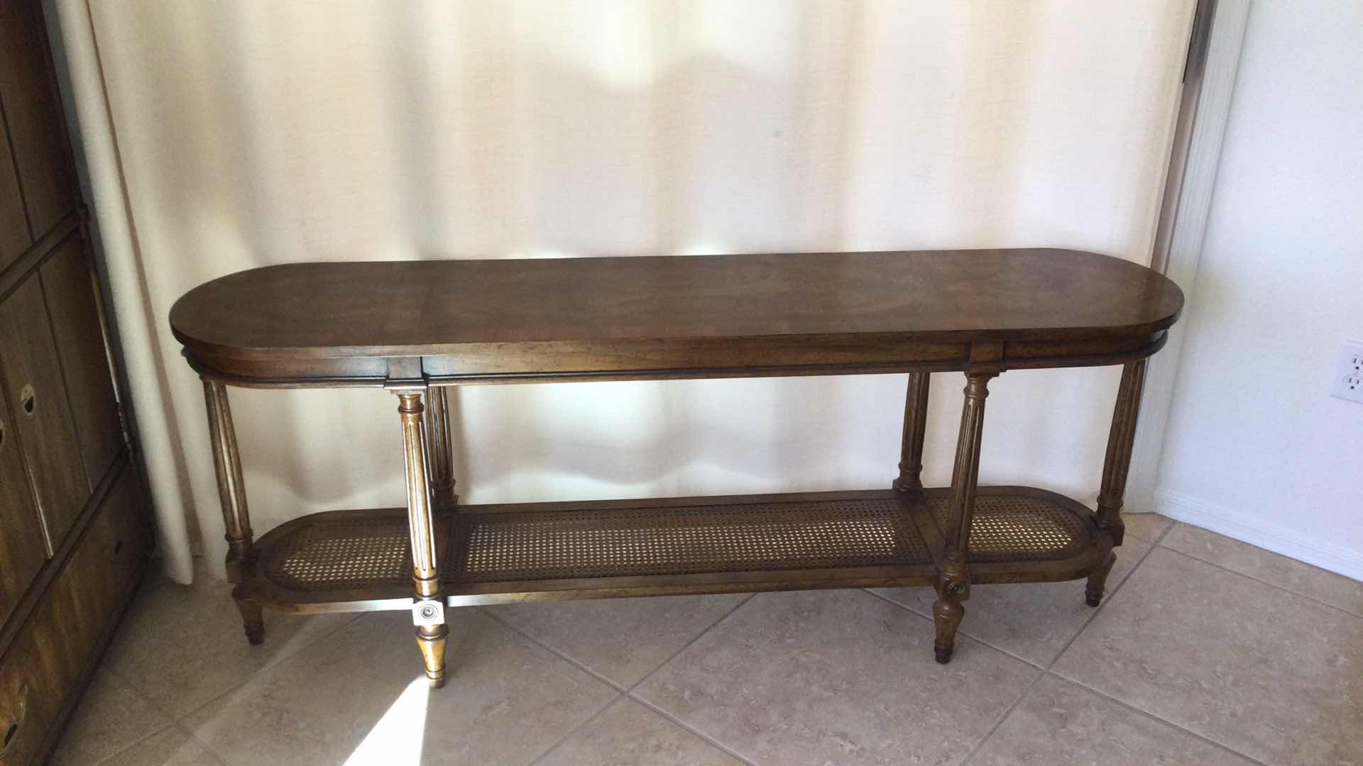 Photo 1 of BURL WOOD W/CANE 2-TIER SOFA TABLE 62” X 14” H 25”