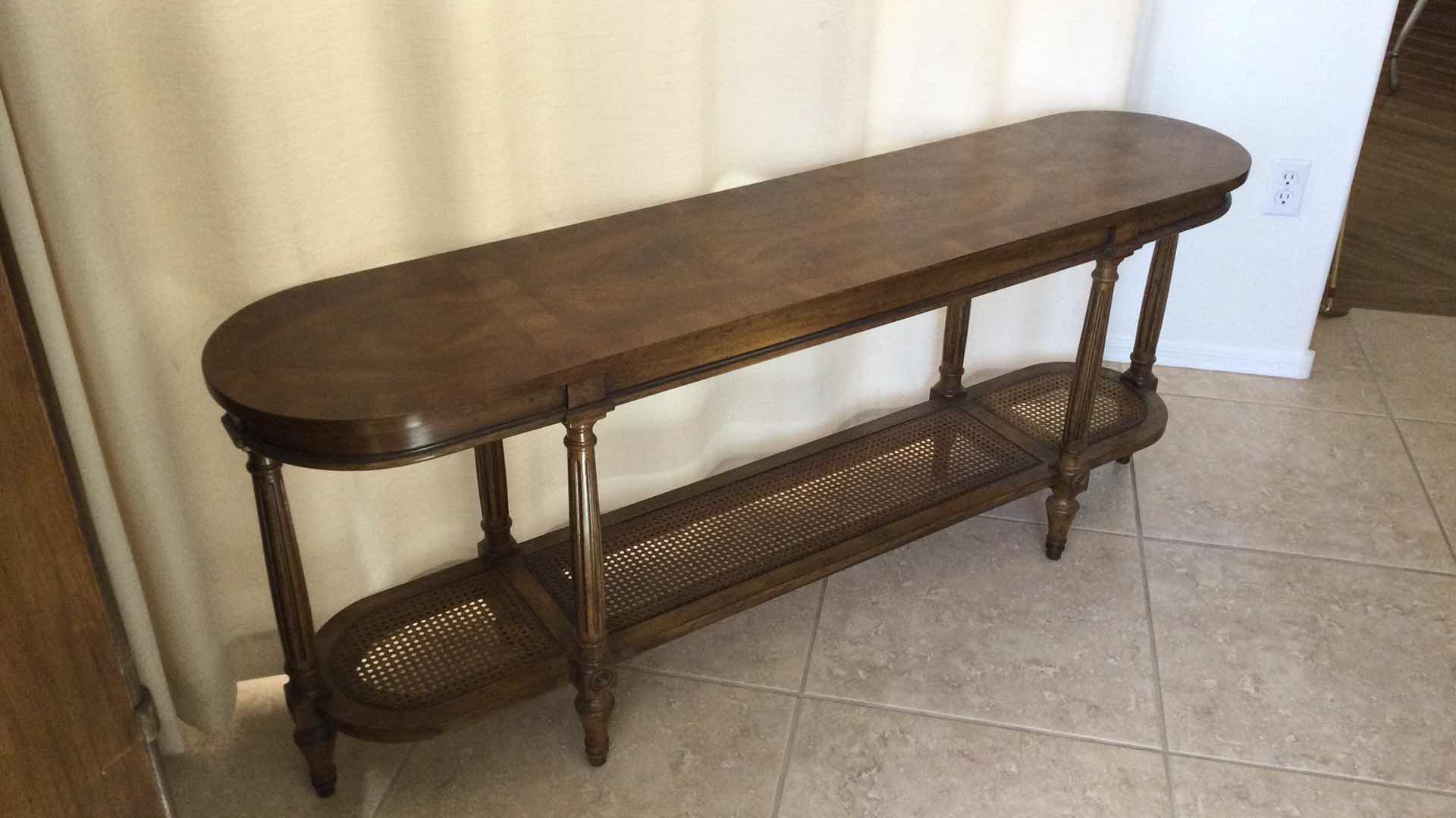 Photo 1 of BURL WOOD W/CANE 2-TIER SOFA TABLE 62” X 14” H 25”