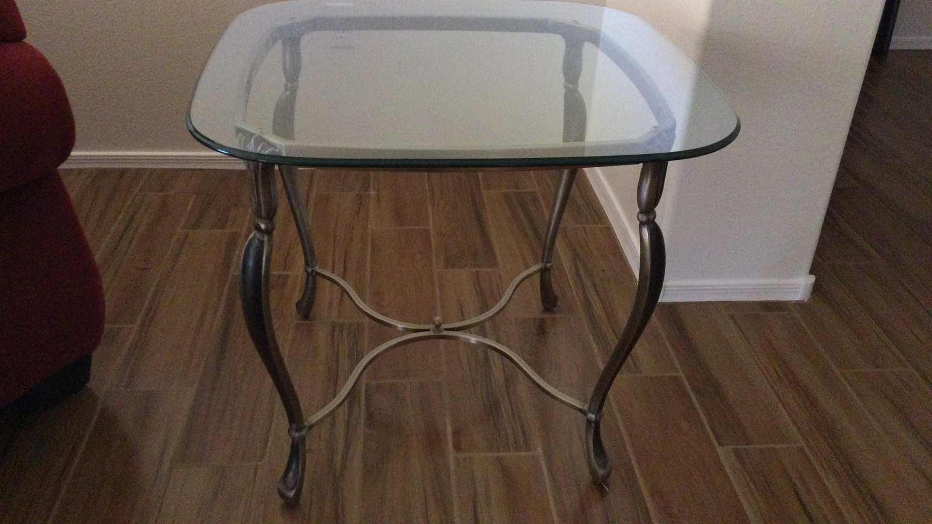 Photo 3 of SIDE TABLE SCULPTED METAL W/ GLASS TOP  29” Sq. H 24.5”