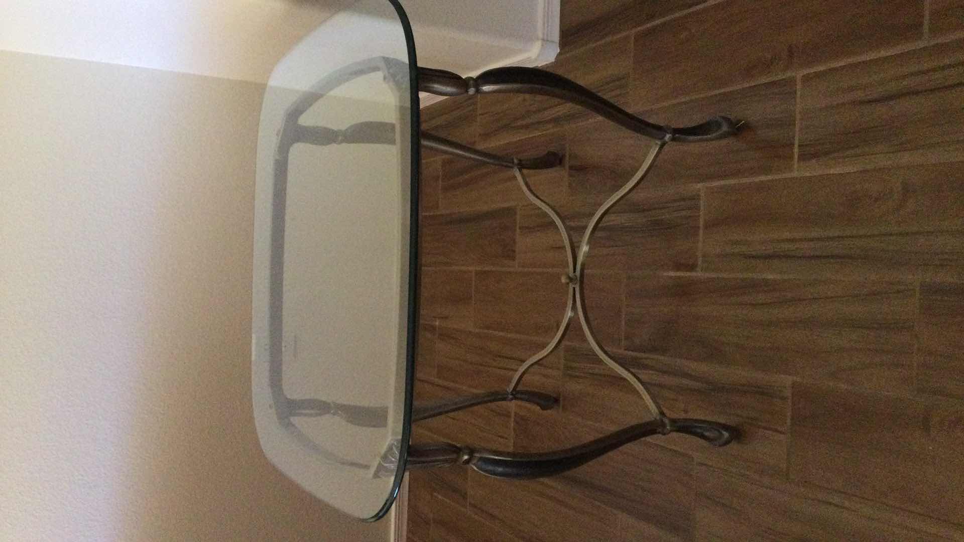 Photo 2 of SIDE TABLE SCULPTED METAL W/ GLASS TOP  29” Sq. H 24.5”