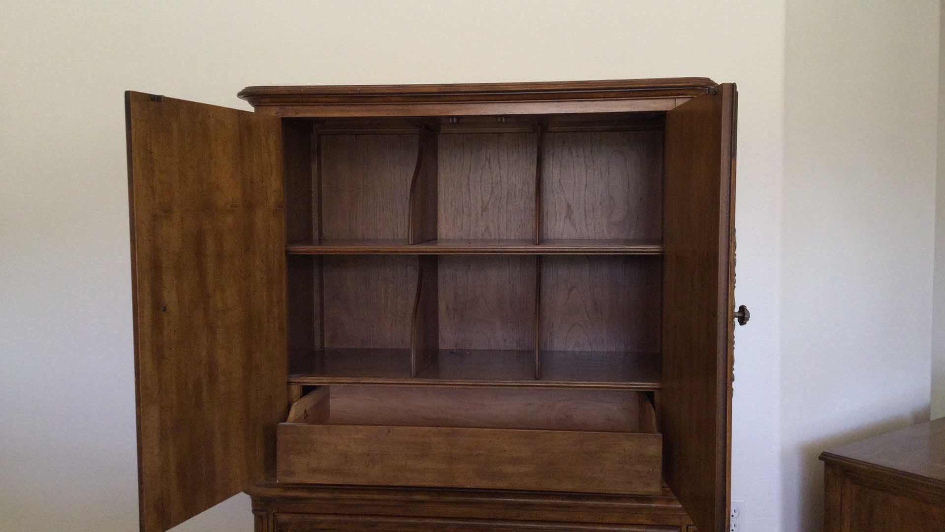 Photo 1 of VINTAGE DREXEL HERITAGE WOOD ARMOIRE W/ 3- DRAWERS AND CUPBOARD 39” X 19” H 58”