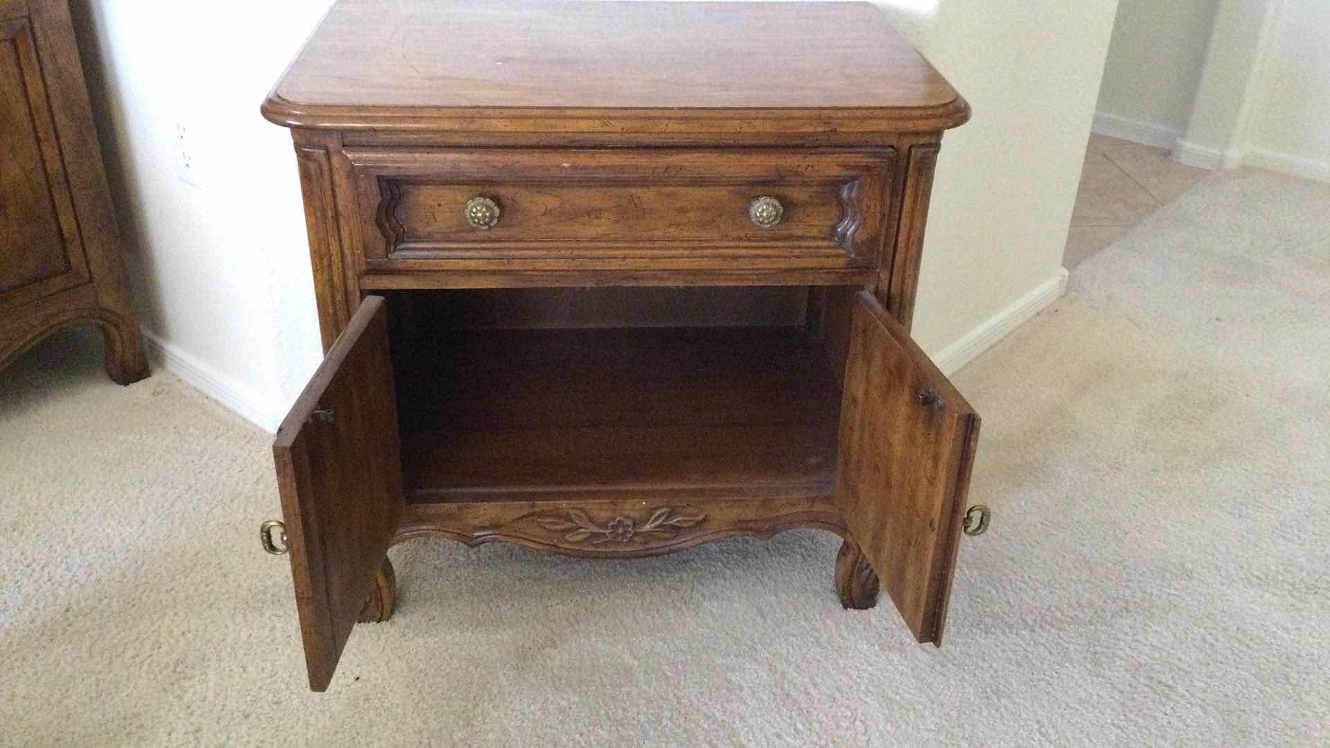 View 3 of VINTAGE DREXEL HERITAGE WOOD 1-DRAWER W/ CUPBOARD NIGHT STANDS (2) 26” X 17” H 24”