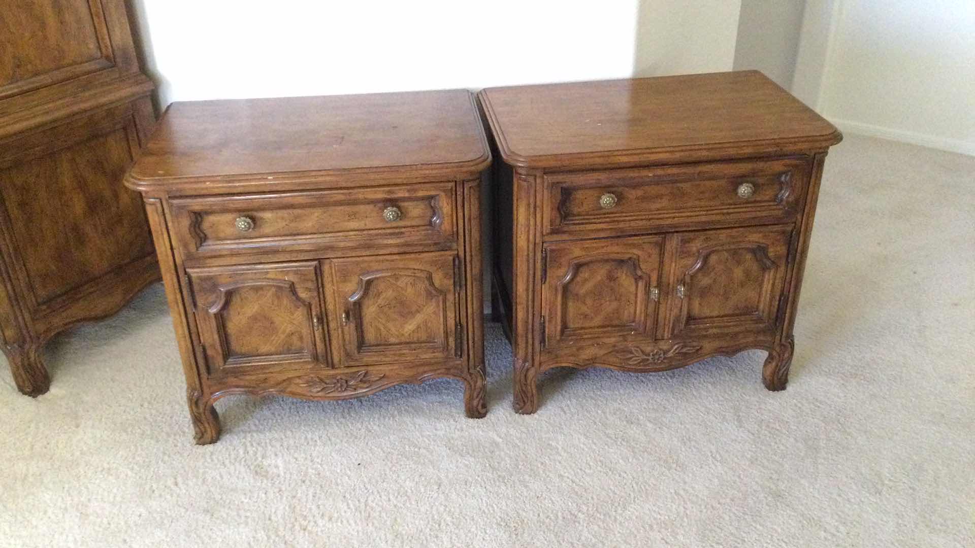 View 1 of VINTAGE DREXEL HERITAGE WOOD 1-DRAWER W/ CUPBOARD NIGHT STANDS (2) 26” X 17” H 24”