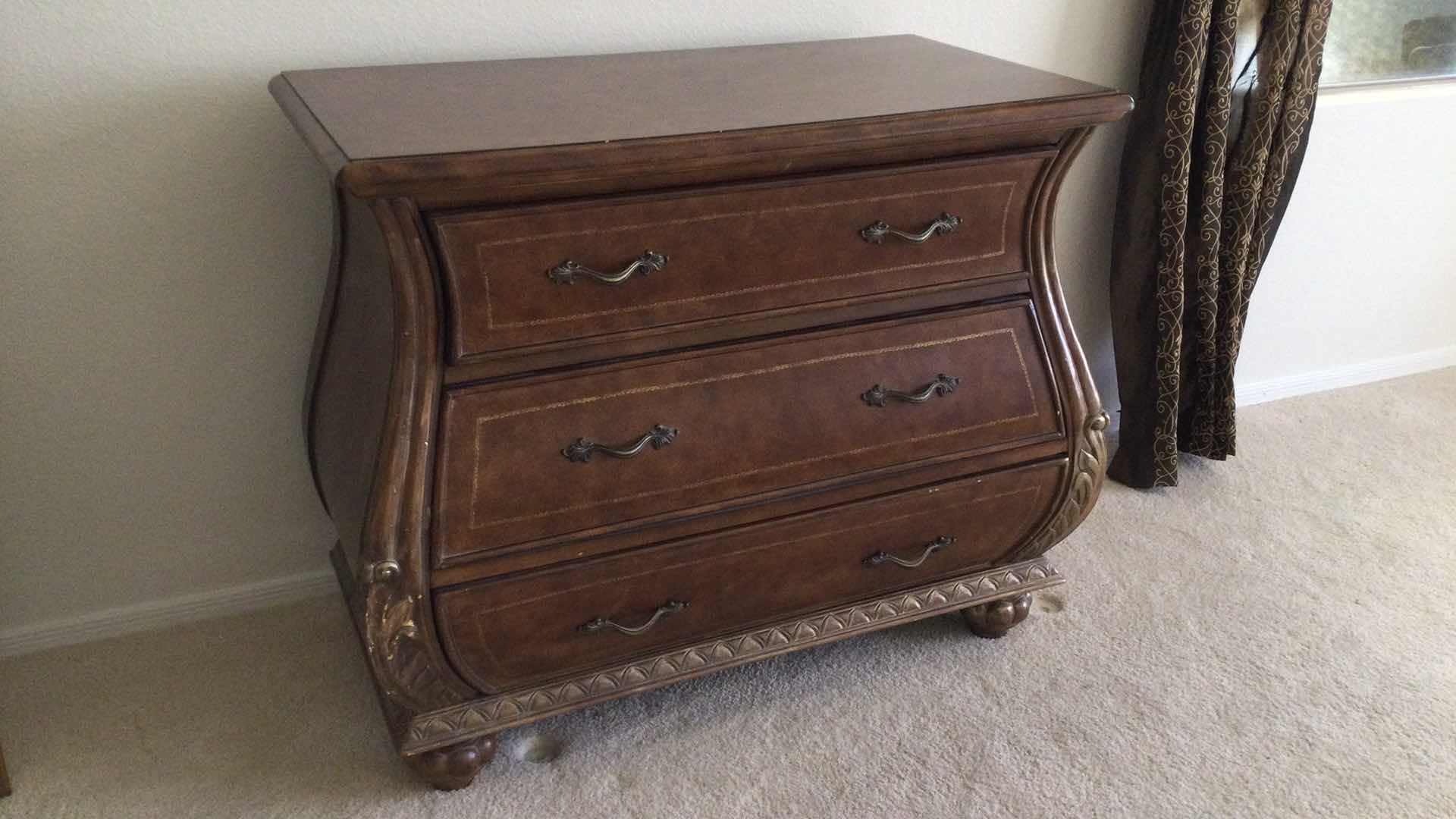 View 2 of CARVED WOOD BOMBAY STYLE CHEST OF 3 DRAWERS 38.5” X 20” H 33”