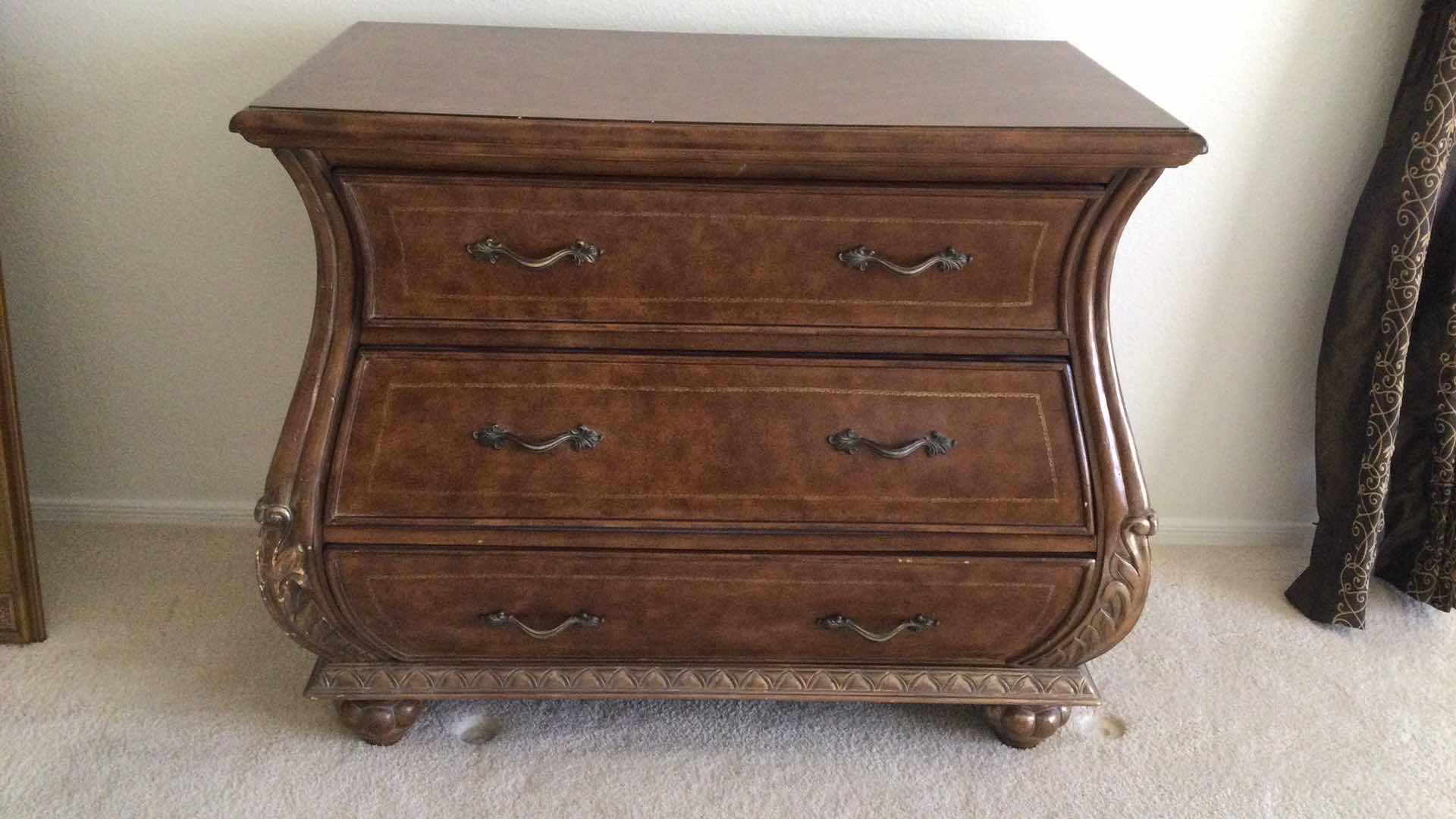 View 1 of CARVED WOOD BOMBAY STYLE CHEST OF 3 DRAWERS 38.5” X 20” H 33”