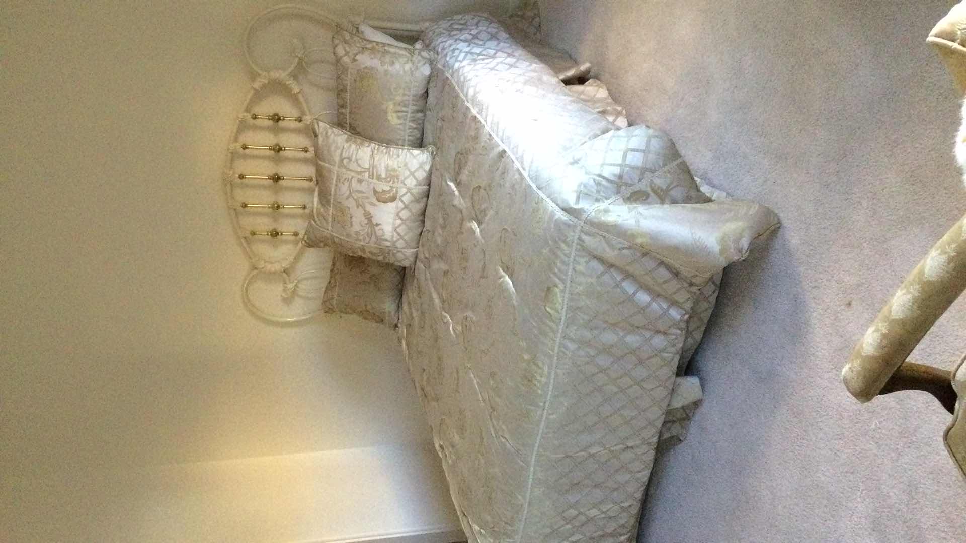 Photo 1 of QUEEN CAST METAL & BRASS HEADBOARD W/ MATTRESS & BOXSPRING ON RAILS ( BEDDING INCL.)