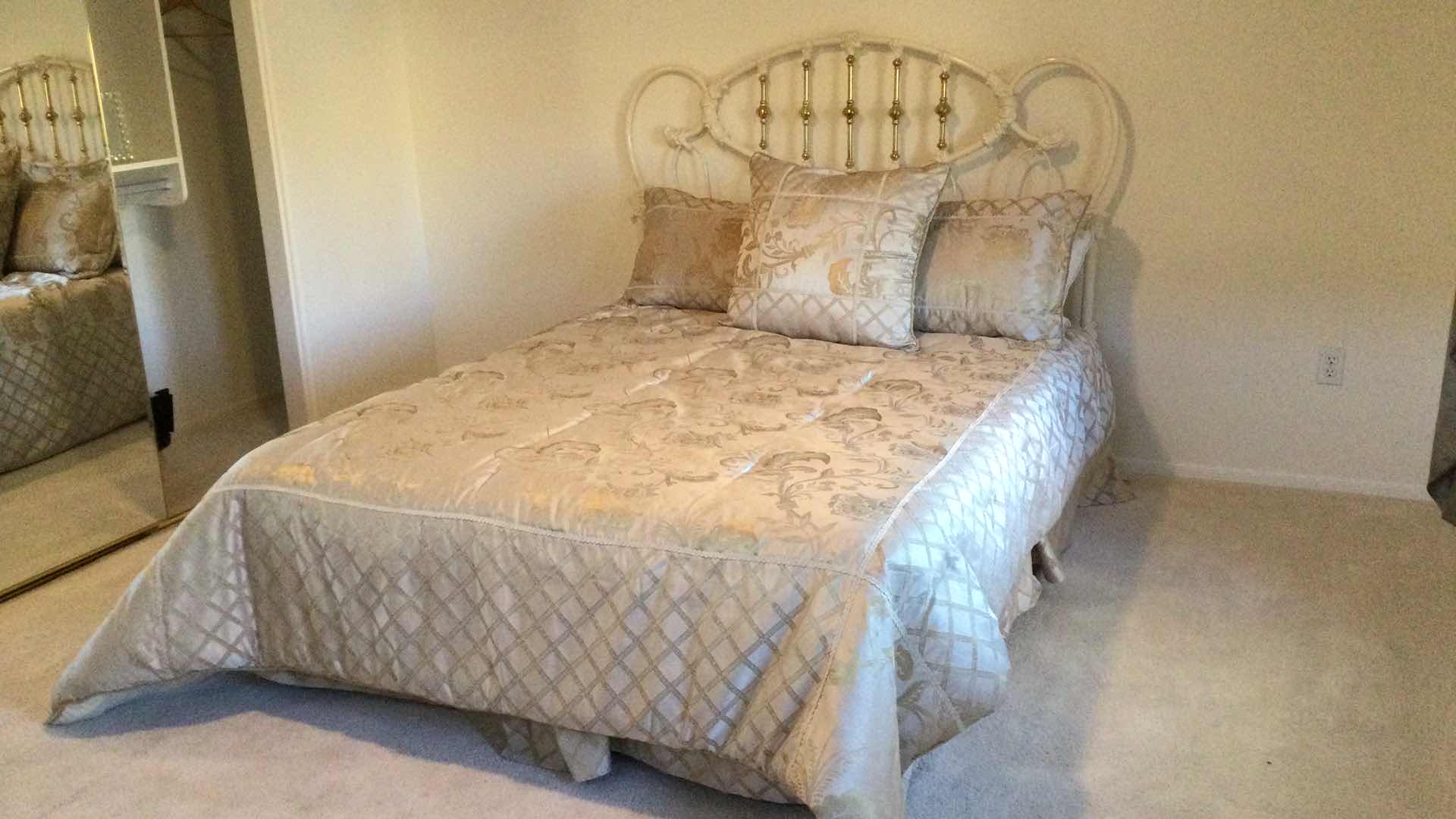 Photo 1 of QUEEN CAST METAL & BRASS HEADBOARD W/ MATTRESS & BOXSPRING ON RAILS ( BEDDING INCL.)