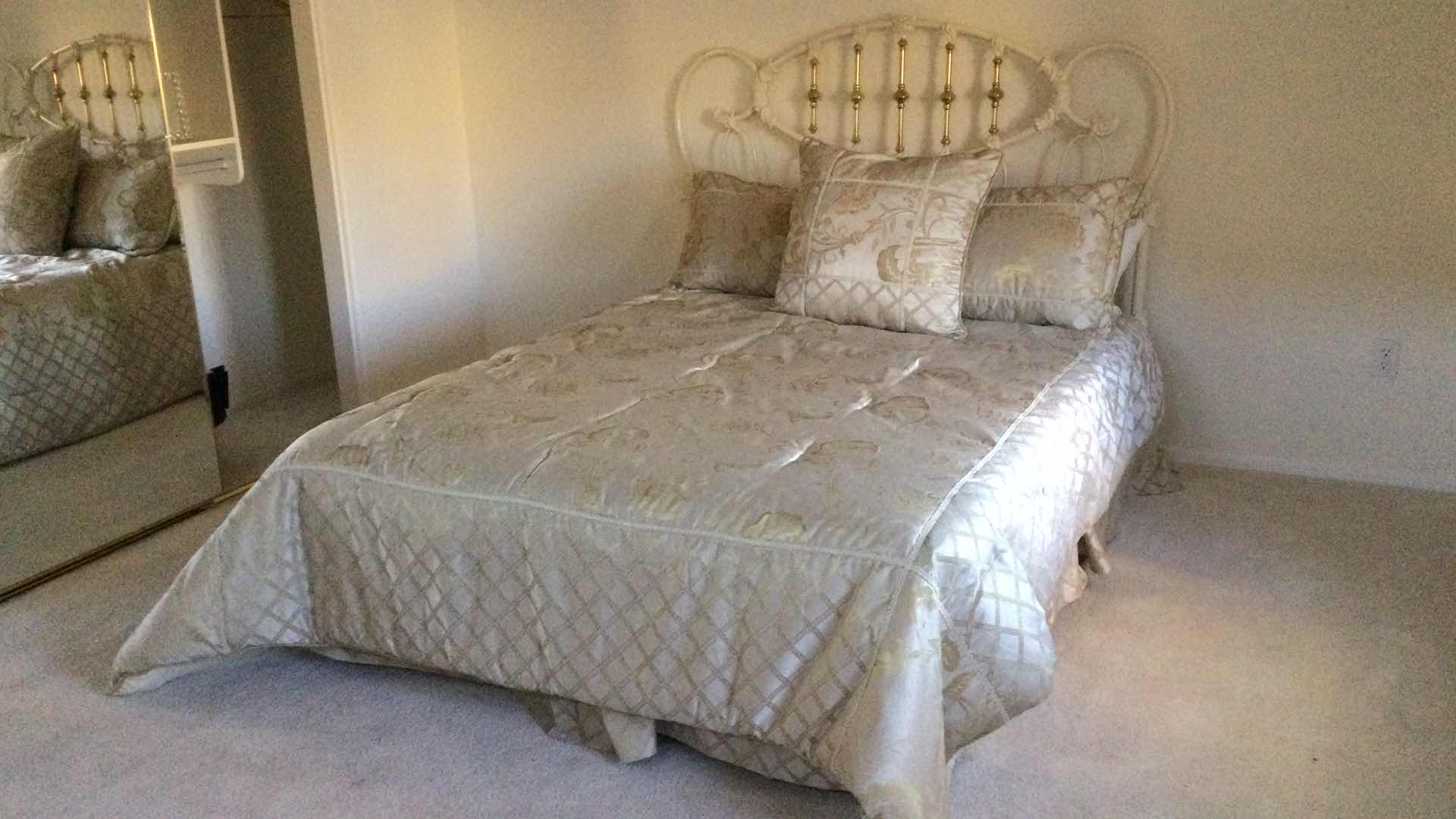 Photo 1 of QUEEN CAST METAL & BRASS HEADBOARD W/ MATTRESS & BOXSPRING ON RAILS ( BEDDING INCL.)