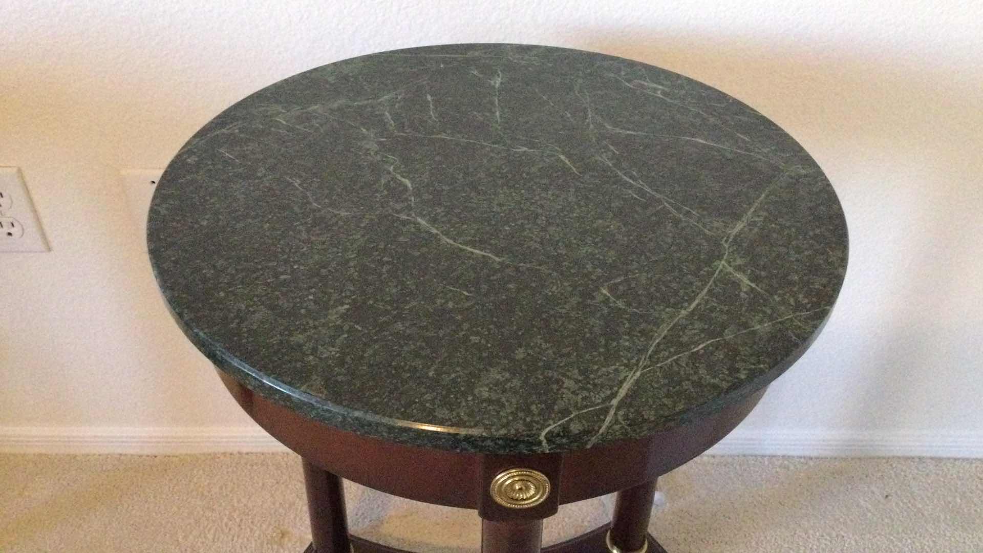 Photo 1 of SIDE TABLE WOOD W/  GREEN STONE TOP  18” Dia H 25”