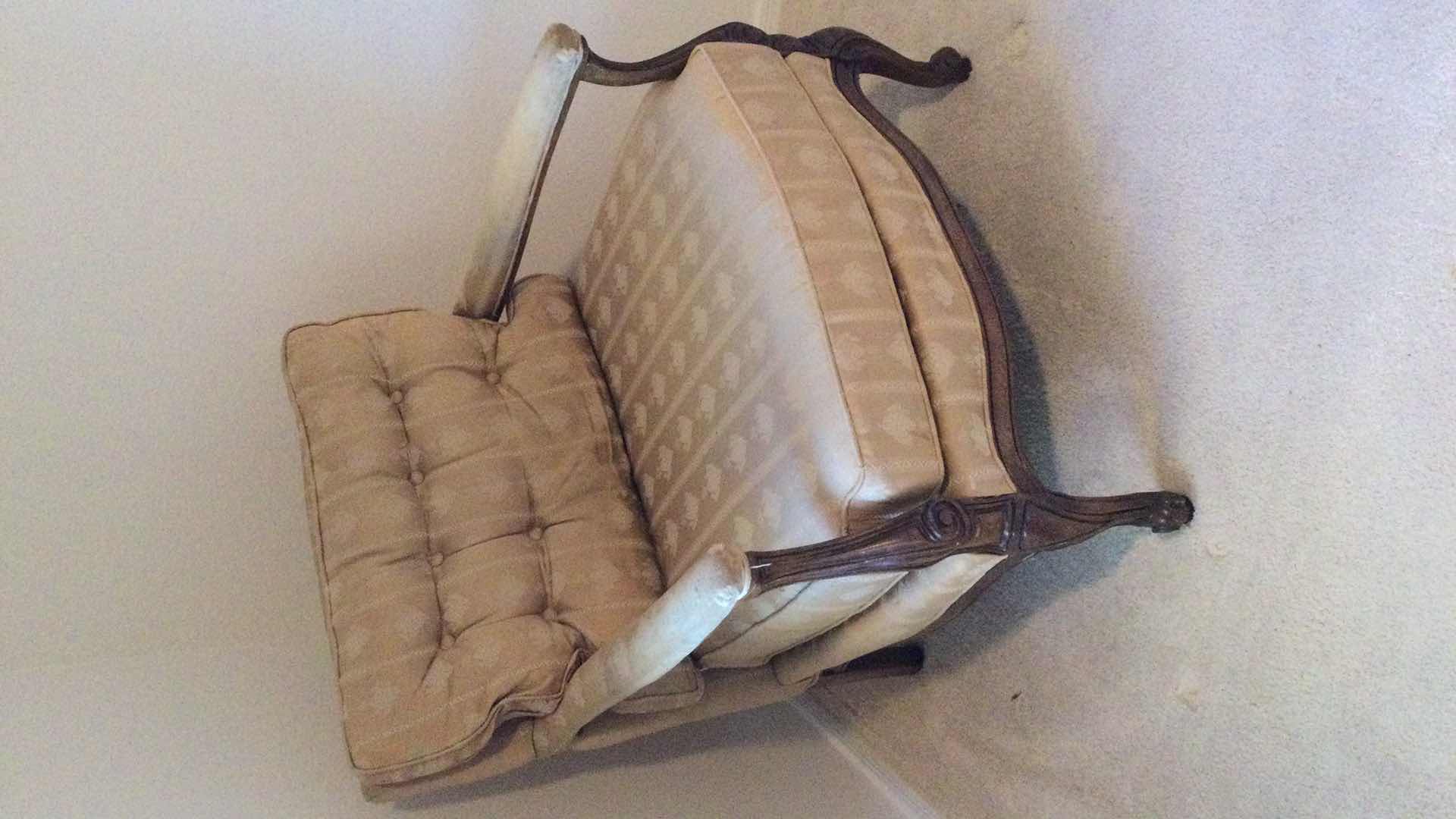 Photo 1 of CARVED WOOD UPHOLSTERED OVERSIZED ARM CHAIR