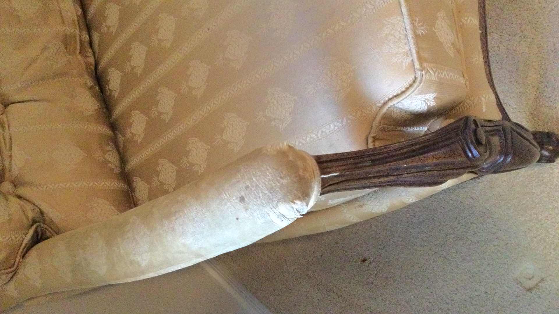 Photo 1 of CARVED WOOD UPHOLSTERED OVERSIZED ARM CHAIR