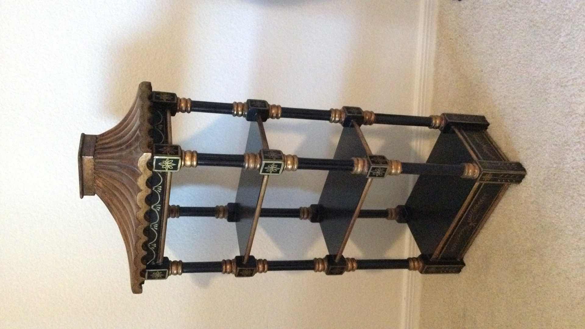 Photo 1 of VINTAGE BLACK CHINOISERIE PAGODA WALL SHELF H 30”  LIST PRICE $325.00