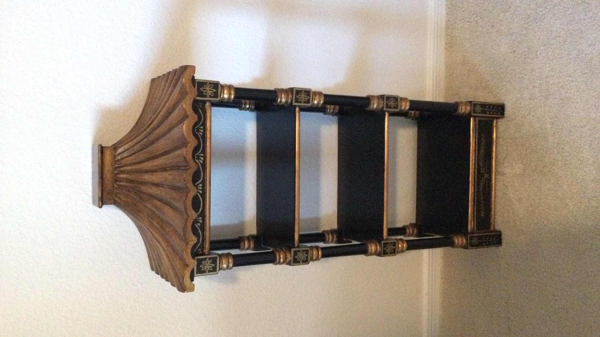 Photo 1 of VINTAGE BLACK CHINOISERIE PAGODA WALL SHELF H 30”  LIST PRICE $325.00
