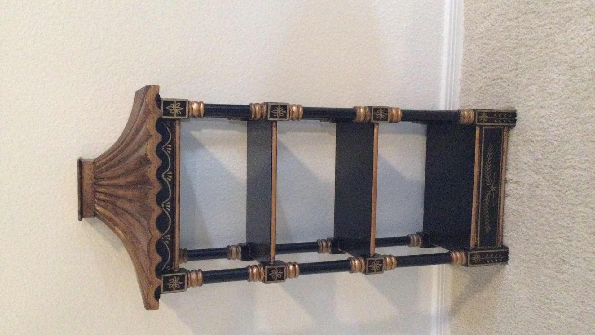 Photo 1 of VINTAGE BLACK CHINOISERIE PAGODA WALL SHELF H 30”  LIST PRICE $325.00