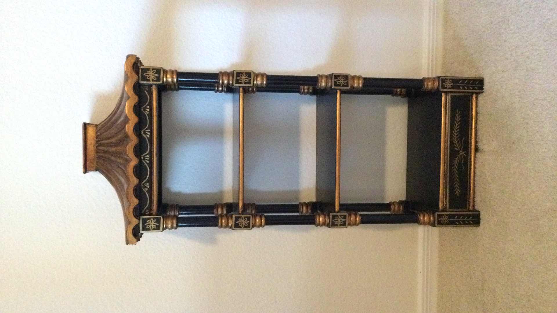 Photo 1 of VINTAGE BLACK CHINOISERIE PAGODA WALL SHELF H 30”  LIST PRICE $325.00