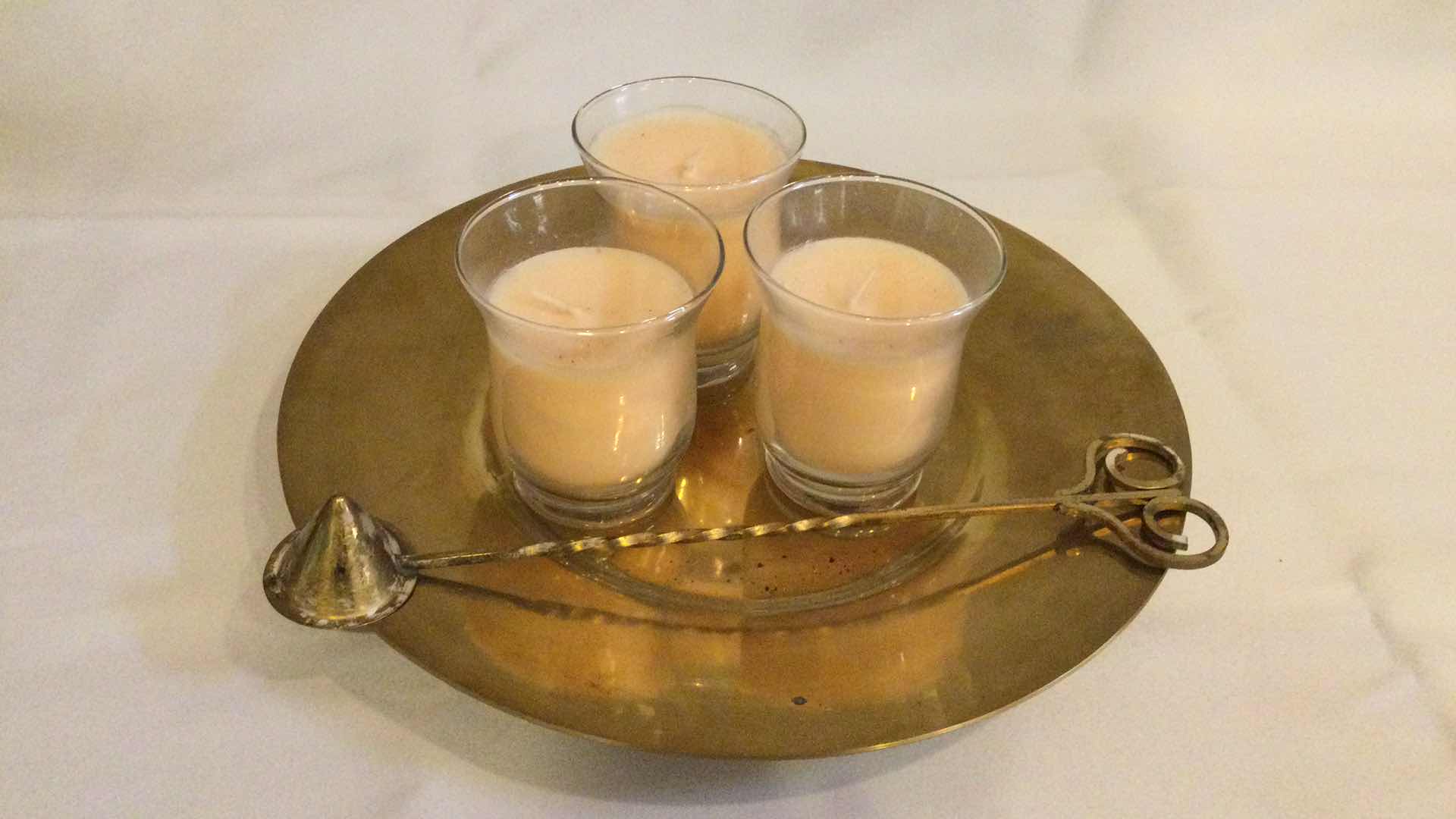 Photo 1 of BRASS 11.5” PLATE W/ JAR CANDLES (3) & SNUFFER