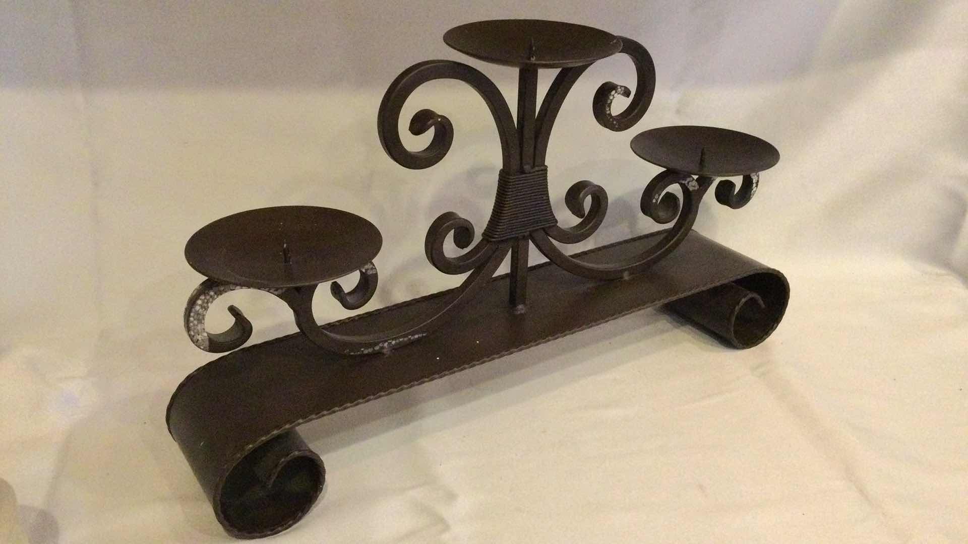 Photo 1 of SCULPTED METAL BROWN FINISH 3- PILLAR CANDLE HOLDER 20” X 4” H 11”