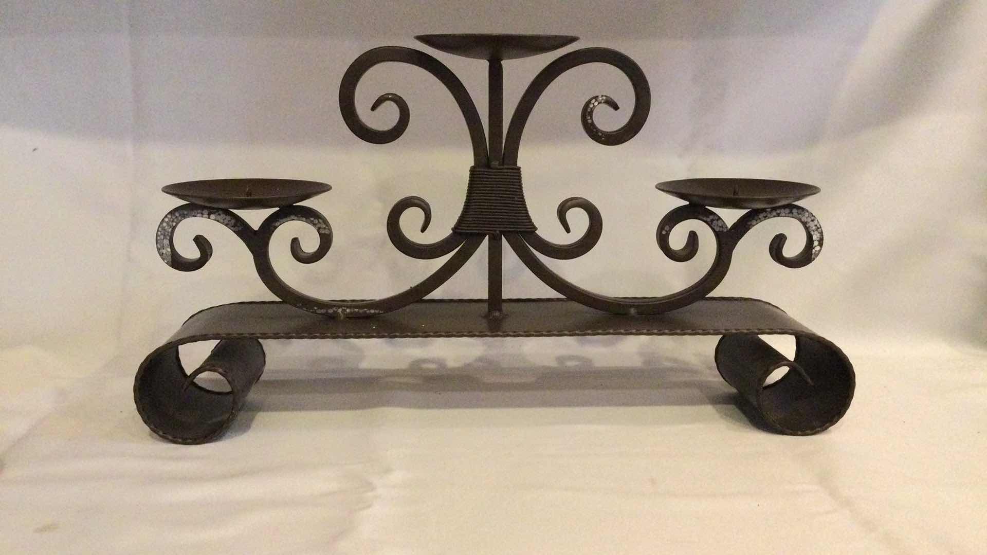 Photo 1 of SCULPTED METAL BROWN FINISH 3- PILLAR CANDLE HOLDER 20” X 4” H 11”