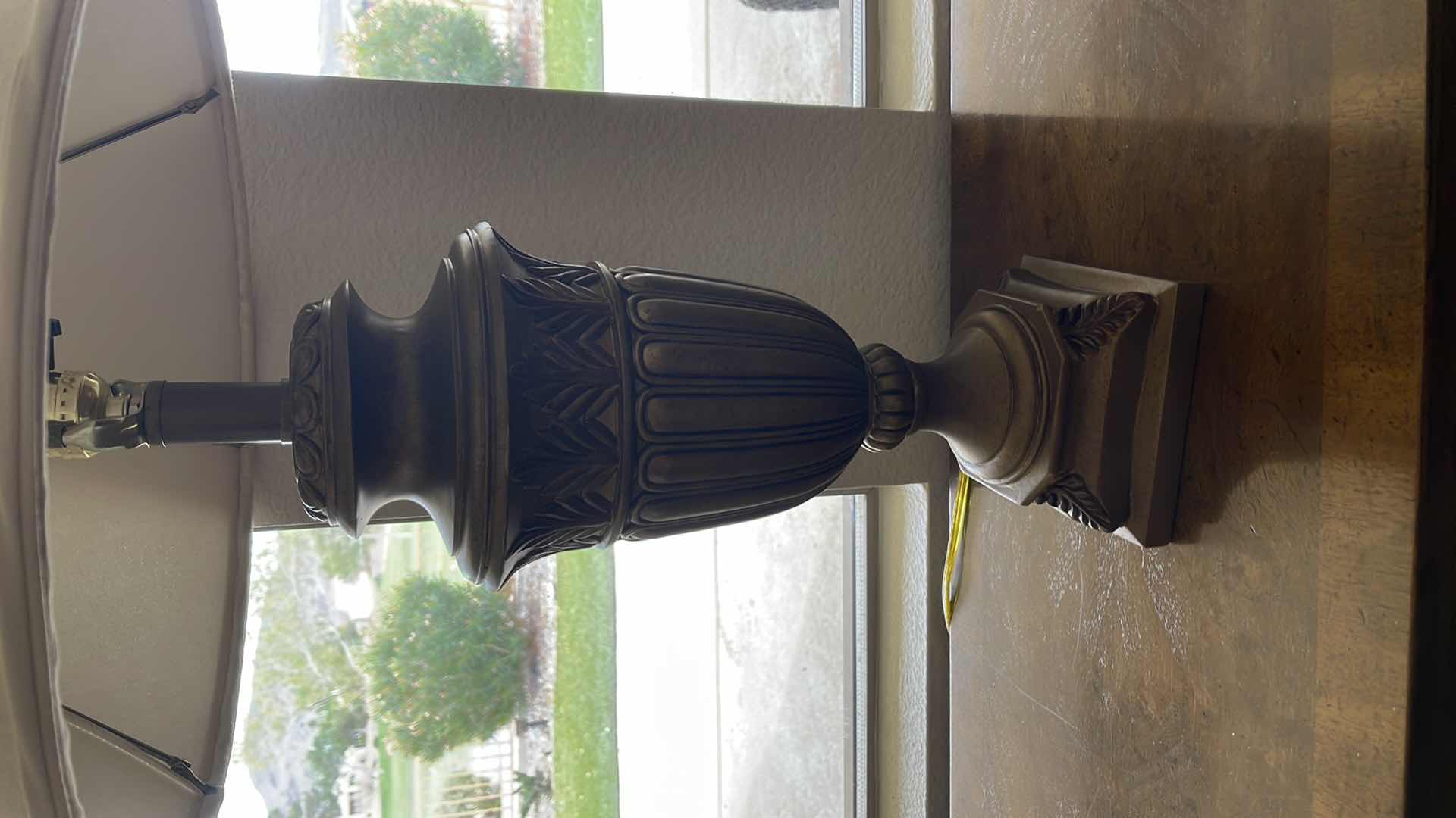 Photo 1 of RESIN SCULPTED TABLE LAMP W/ SHADE H 27” (NO LIGHTBULB)