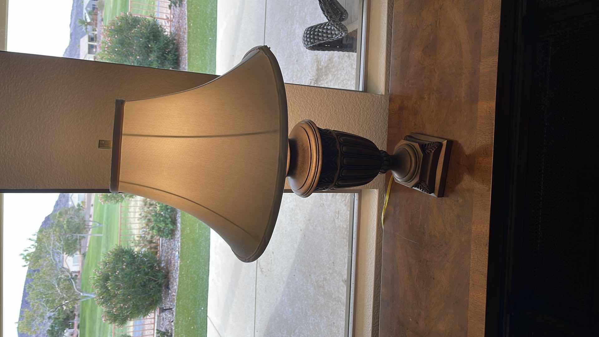 Photo 1 of RESIN SCULPTED TABLE LAMP W/ SHADE H 27” (NO LIGHTBULB)