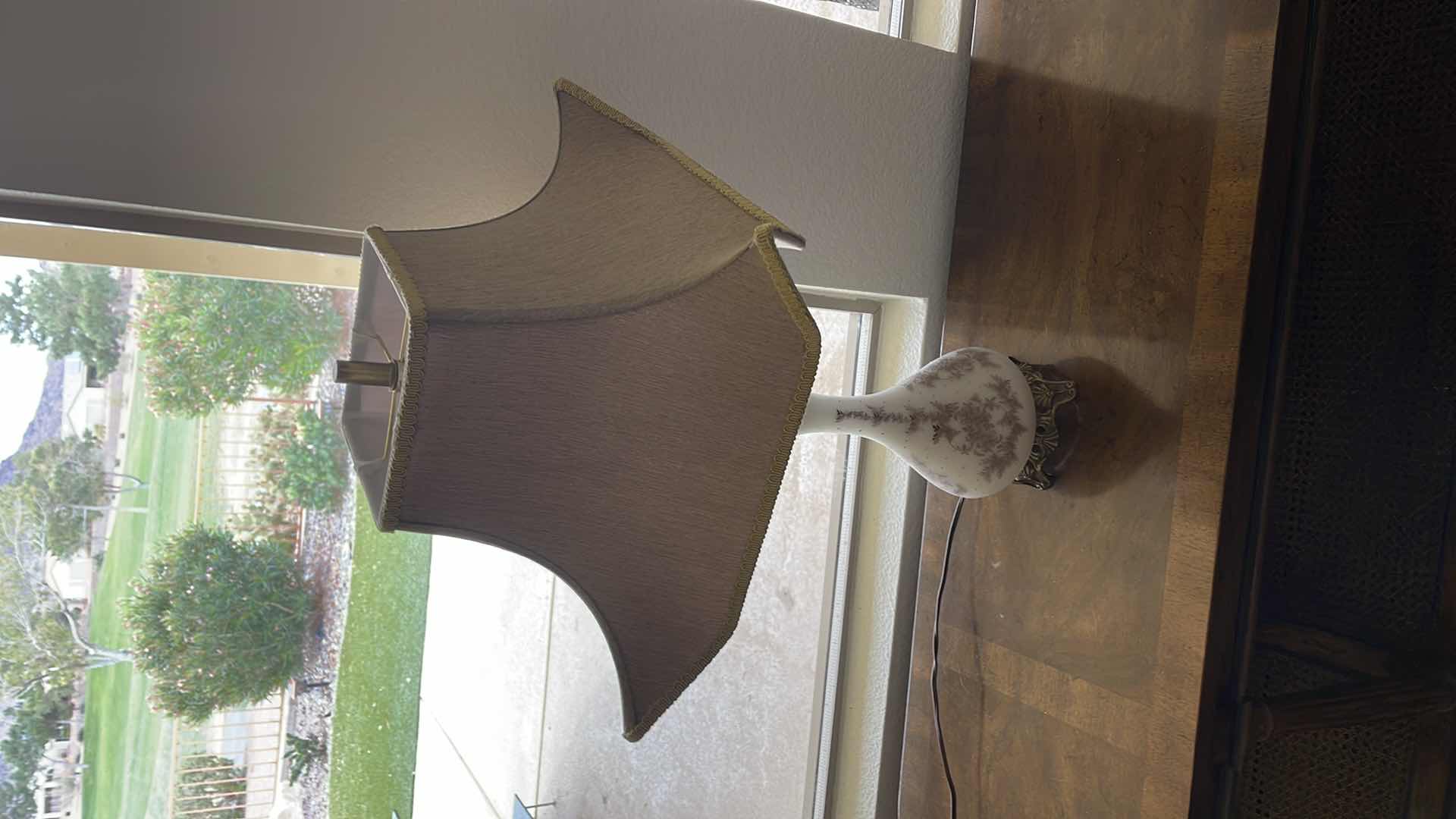 Photo 1 of GLASS PAINTED FLORAL TABLE LAMPS (2) W/ SHADE H 25”