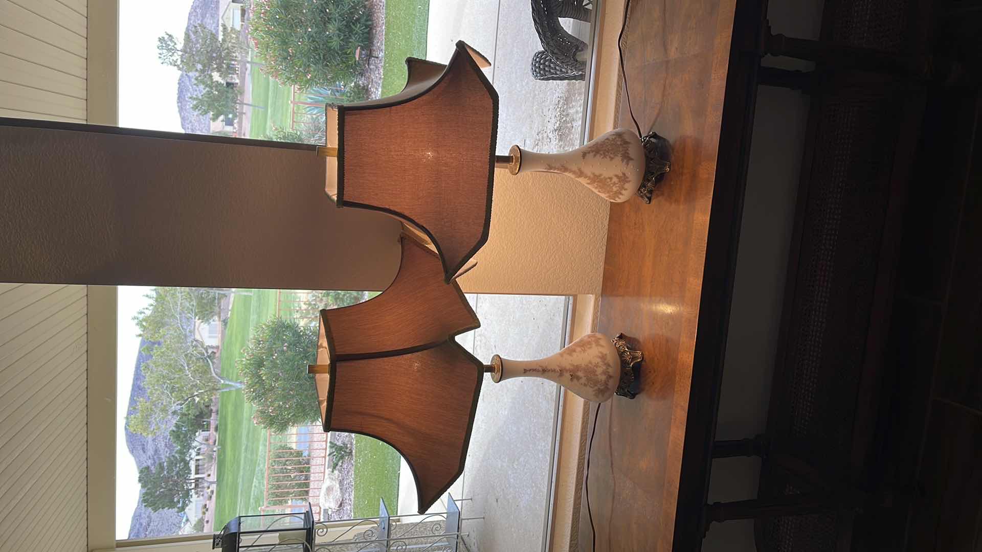 Photo 1 of GLASS PAINTED FLORAL TABLE LAMPS (2) W/ SHADE H 25”