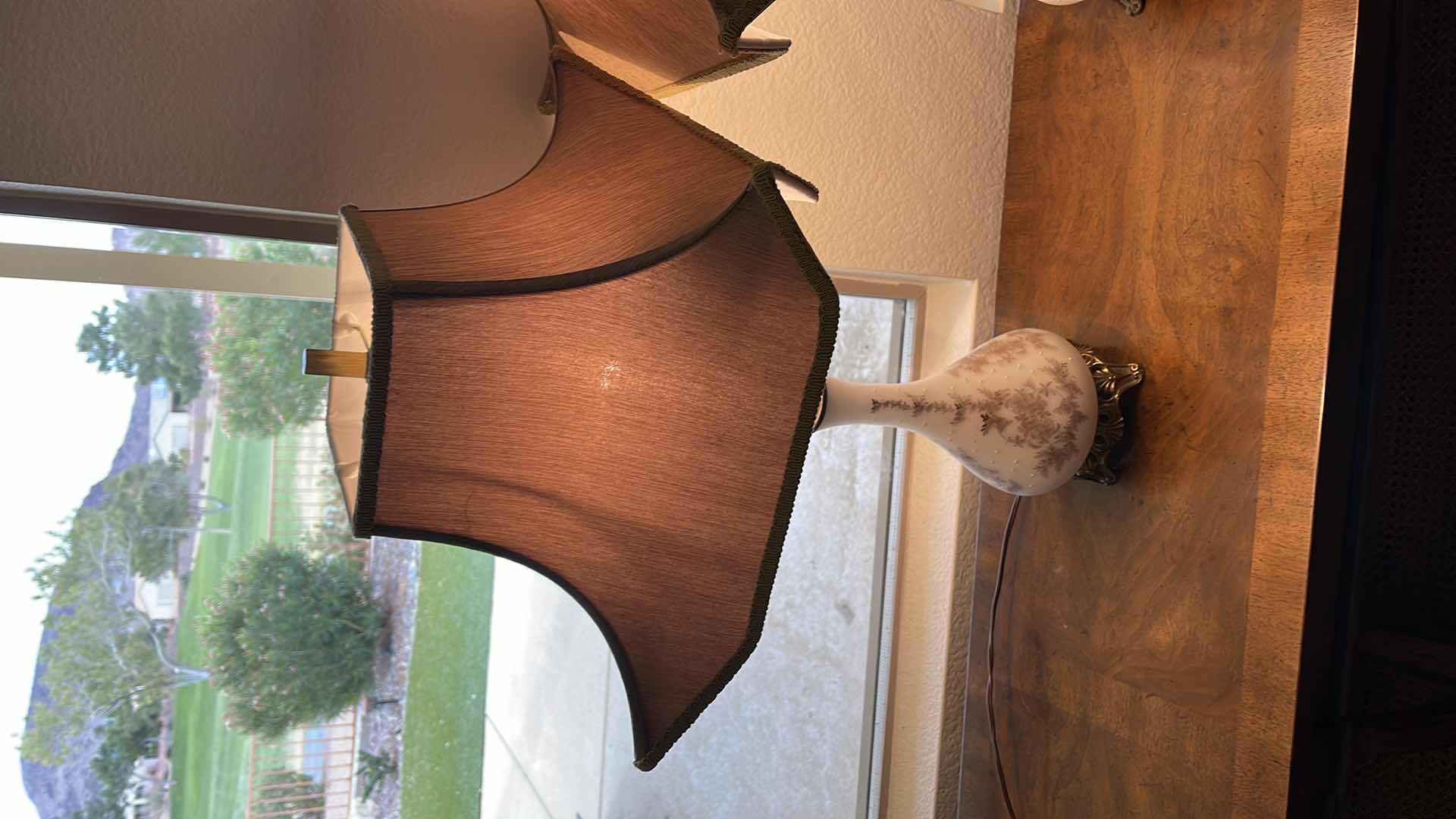 Photo 2 of GLASS PAINTED FLORAL TABLE LAMPS (2) W/ SHADE H 25”