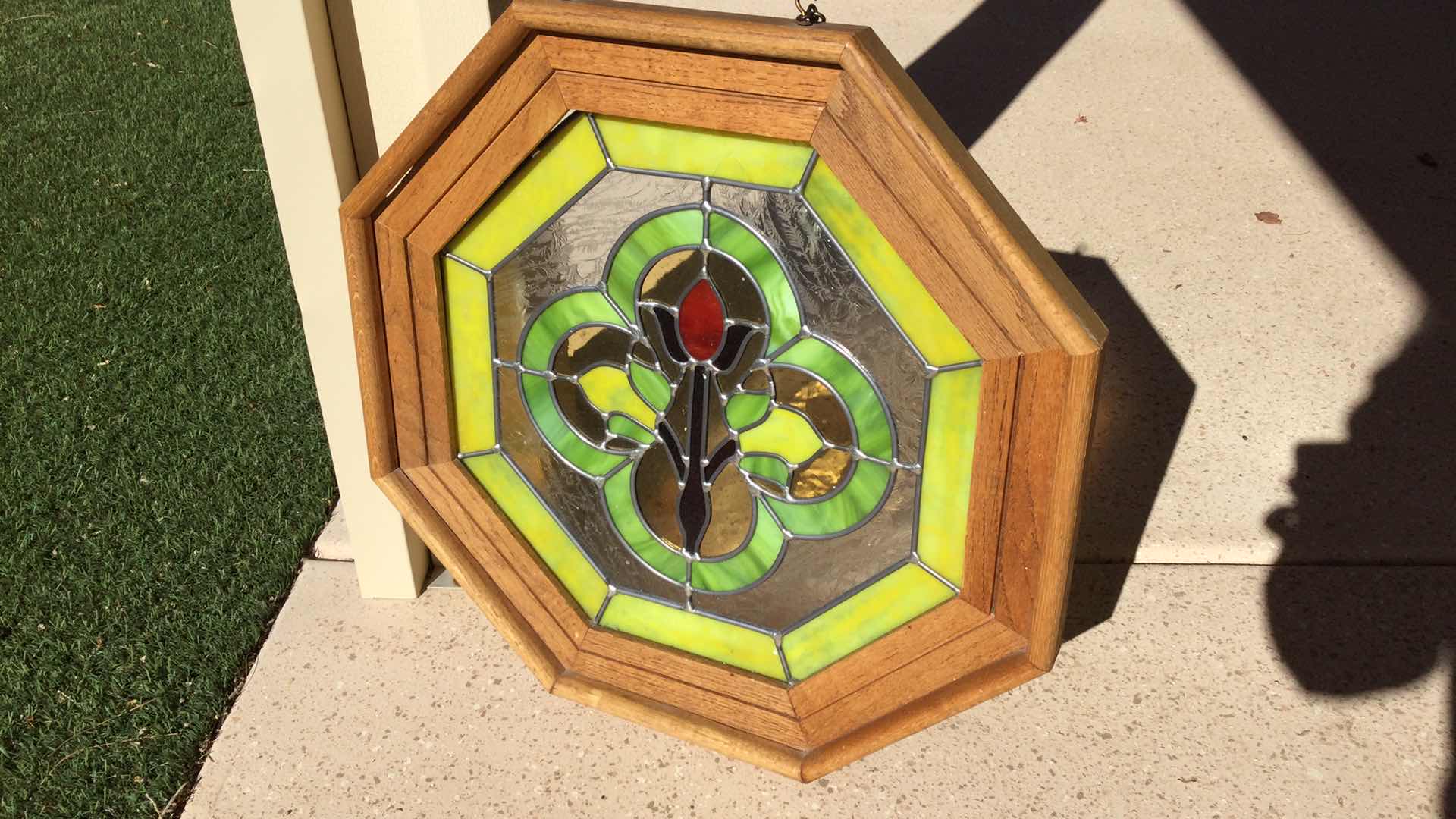 Photo 6 of WOOD FRAMED LEAD STAINED GLASS HANGING DECOR.  22.5” OCTAGONAL