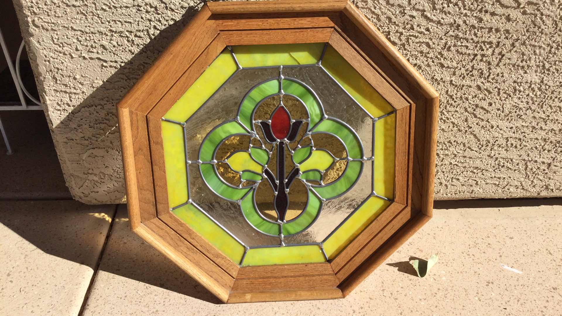 Photo 1 of WOOD FRAMED LEAD STAINED GLASS HANGING DECOR.  22.5” OCTAGONAL
