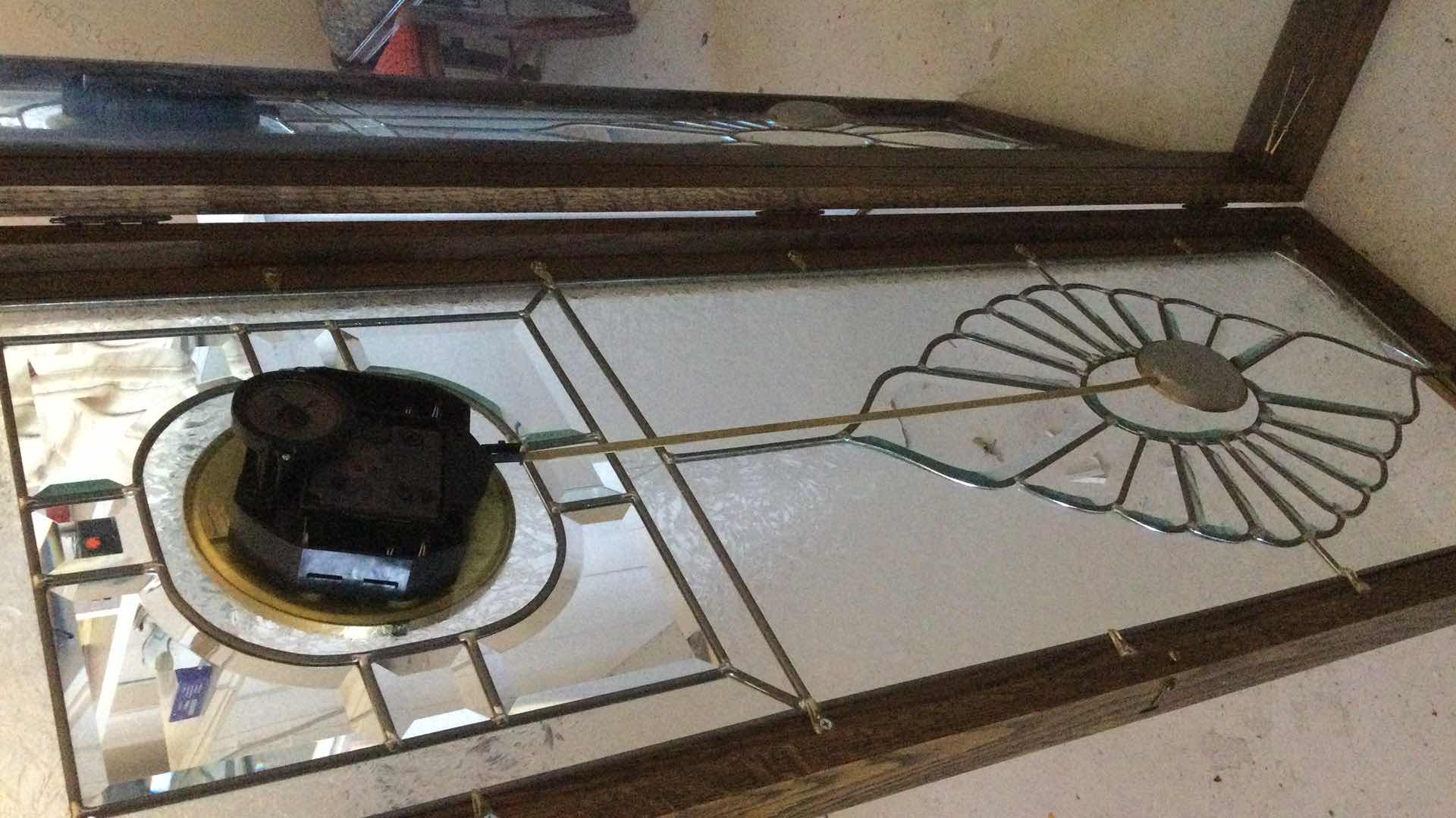 Photo 1 of VINTAGE GRANDMOTHERS CLOCK WOOD W/ LEAD BEVELED GLASS & ETCHED GLASS PANELS & BRASS PENDULUM 18.5” X 52” D 4”