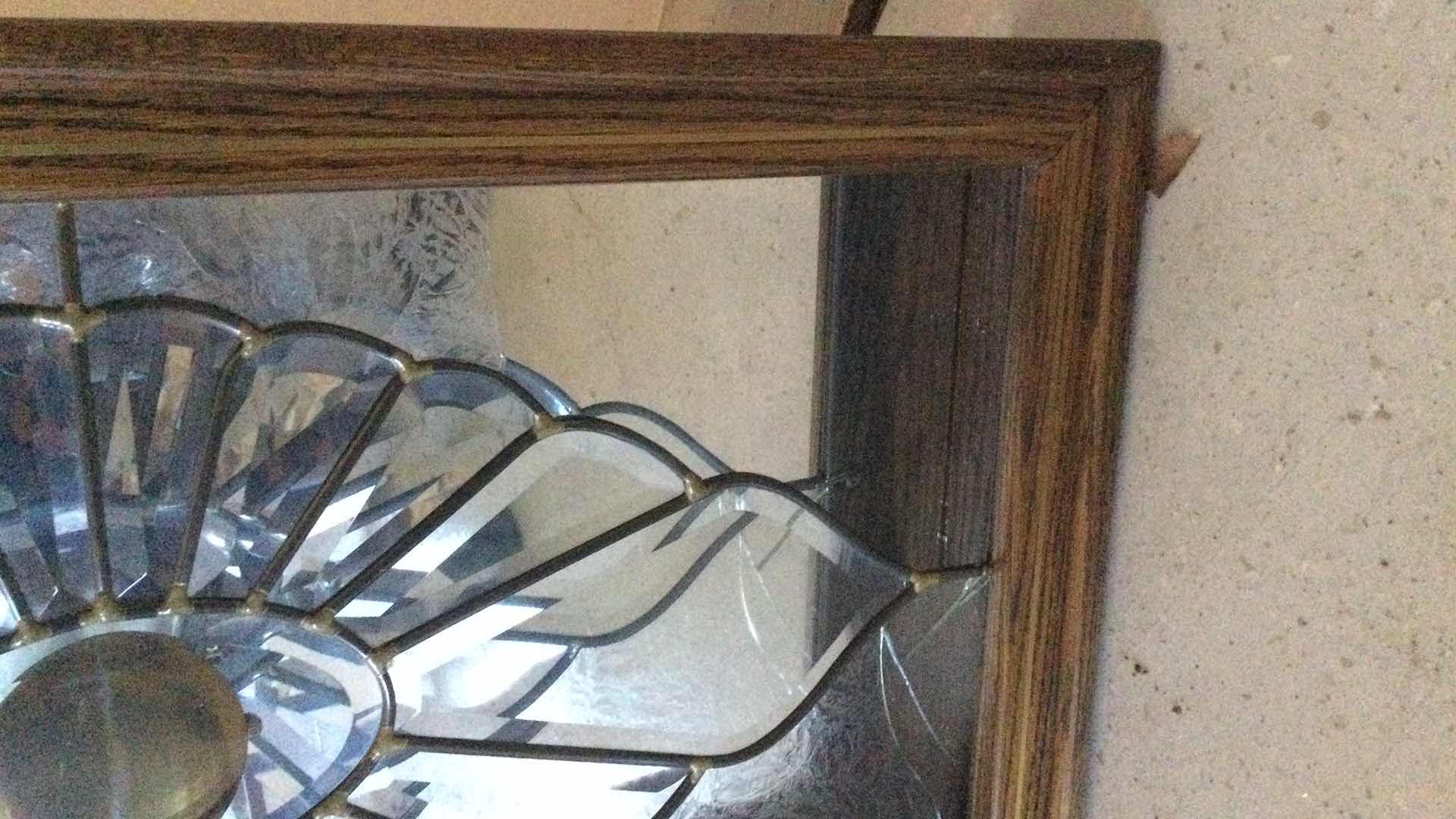 Photo 1 of VINTAGE GRANDMOTHERS CLOCK WOOD W/ LEAD BEVELED GLASS & ETCHED GLASS PANELS & BRASS PENDULUM 18.5” X 52” D 4”