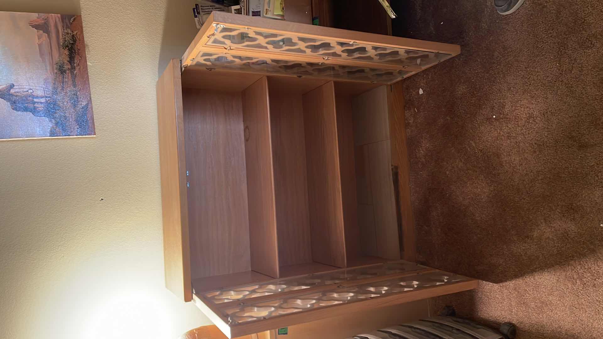 Photo 1 of MID- CENTURY GLASS AND WOOD ACCENT SHELF 32x13x38.5
UNMARKED BRITISH OAK 