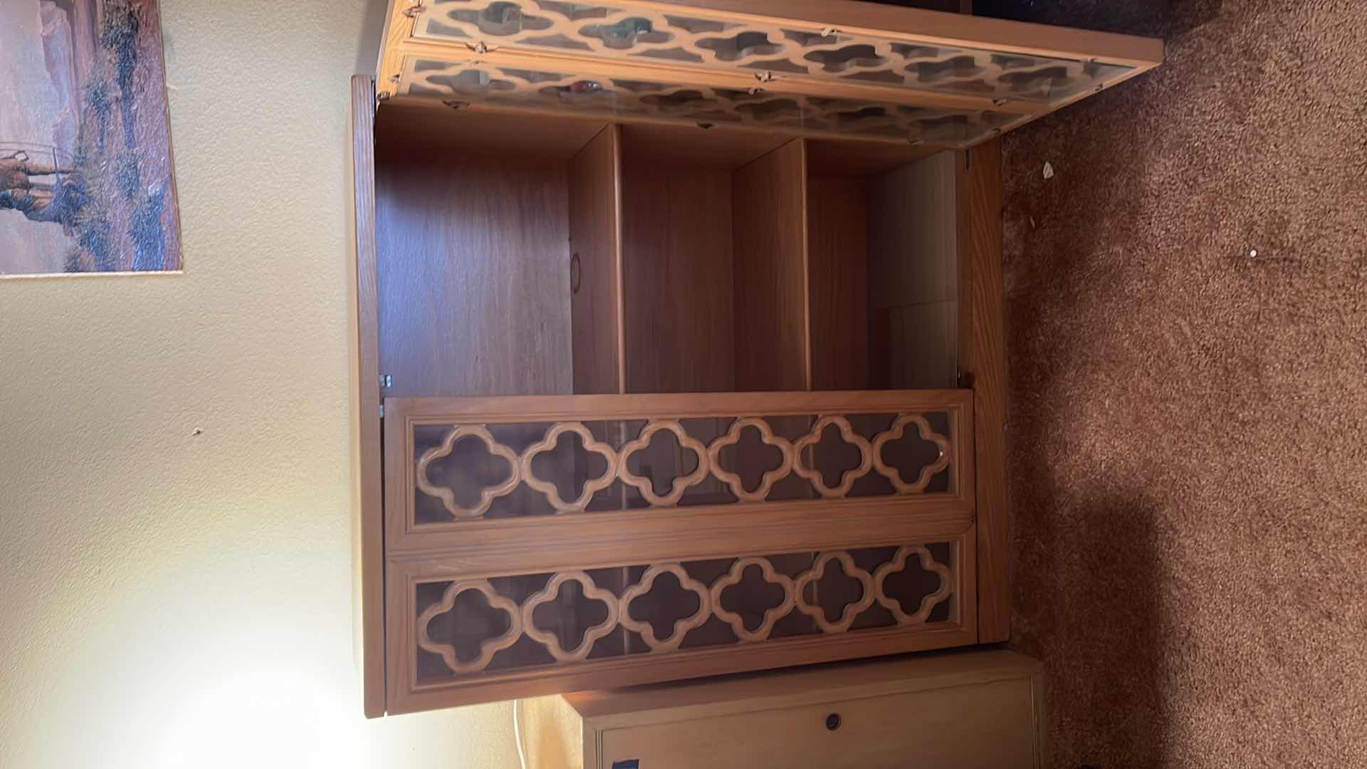 Photo 1 of MID- CENTURY GLASS AND WOOD ACCENT SHELF 32x13x38.5
UNMARKED BRITISH OAK 