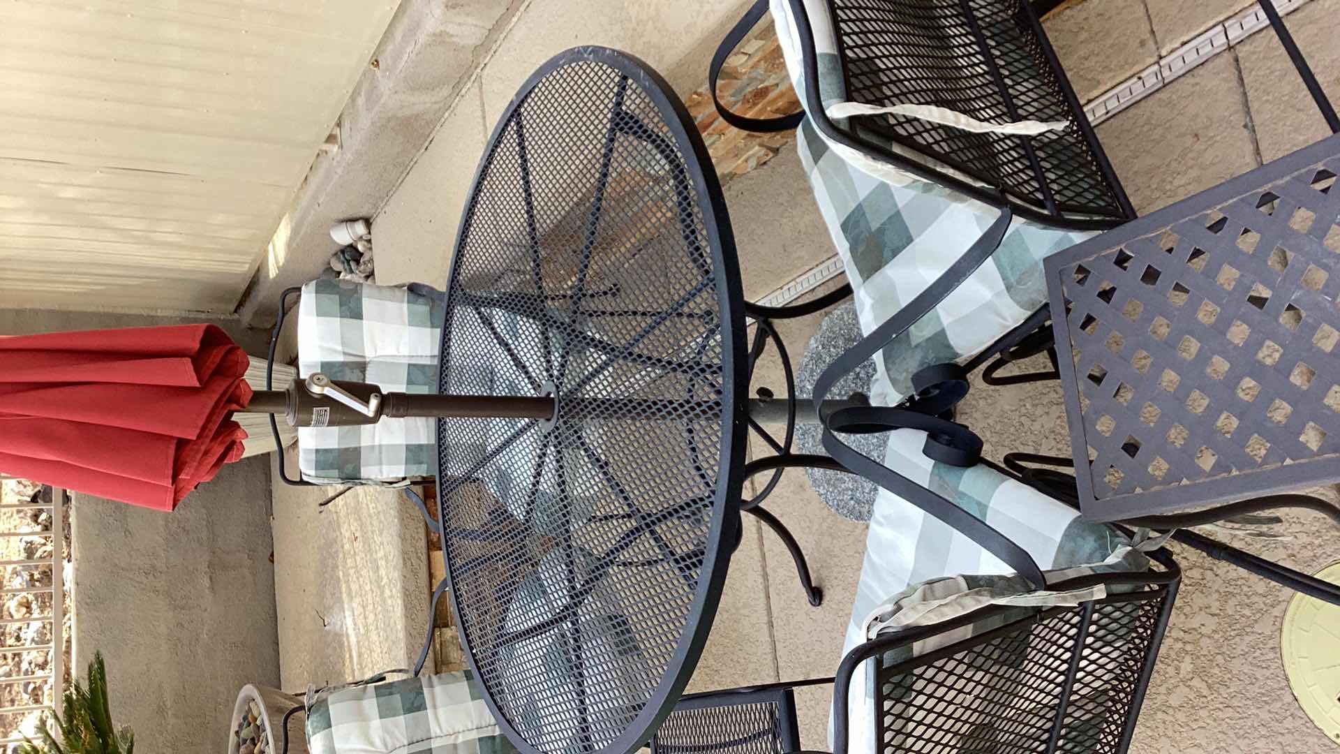 Photo 1 of O.W. LEE METAL OUTDOOR PATIO SET INCLUDES UMBRELLA, TWO SMALL TABLES AND UMBRELLA STAND