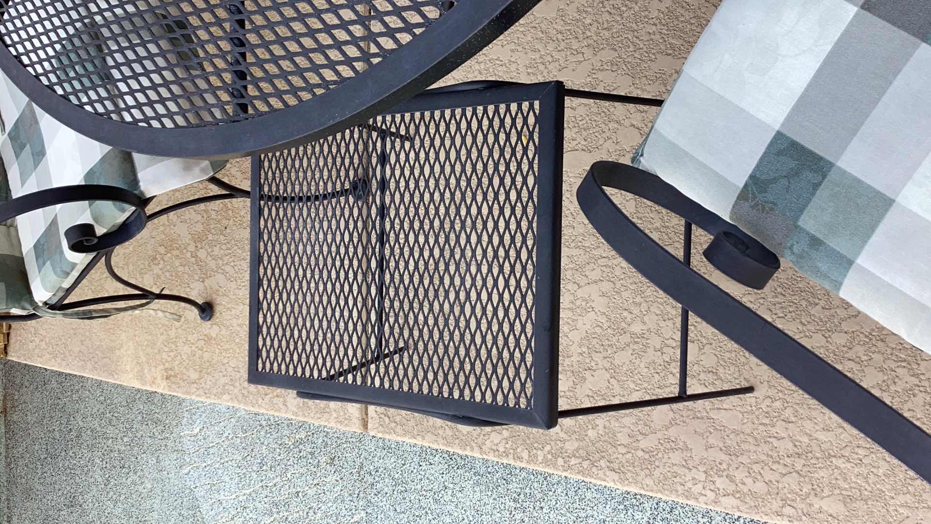 Photo 1 of O.W. LEE METAL OUTDOOR PATIO SET INCLUDES UMBRELLA, TWO SMALL TABLES AND UMBRELLA STAND