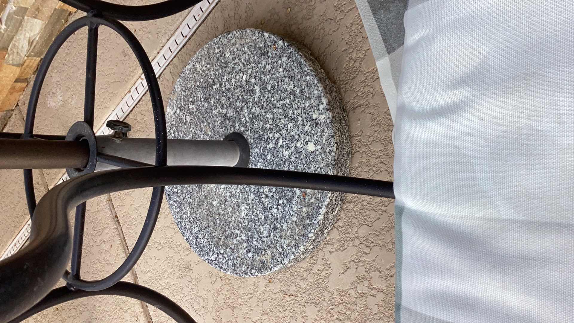 Photo 1 of O.W. LEE METAL OUTDOOR PATIO SET INCLUDES UMBRELLA, TWO SMALL TABLES AND UMBRELLA STAND