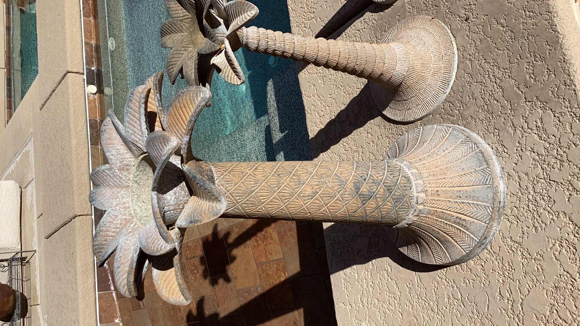 Photo 1 of OUTDOOR METAL 3  PALM TREE  CANDLE HOLDERS LARGEST 11" X 23"