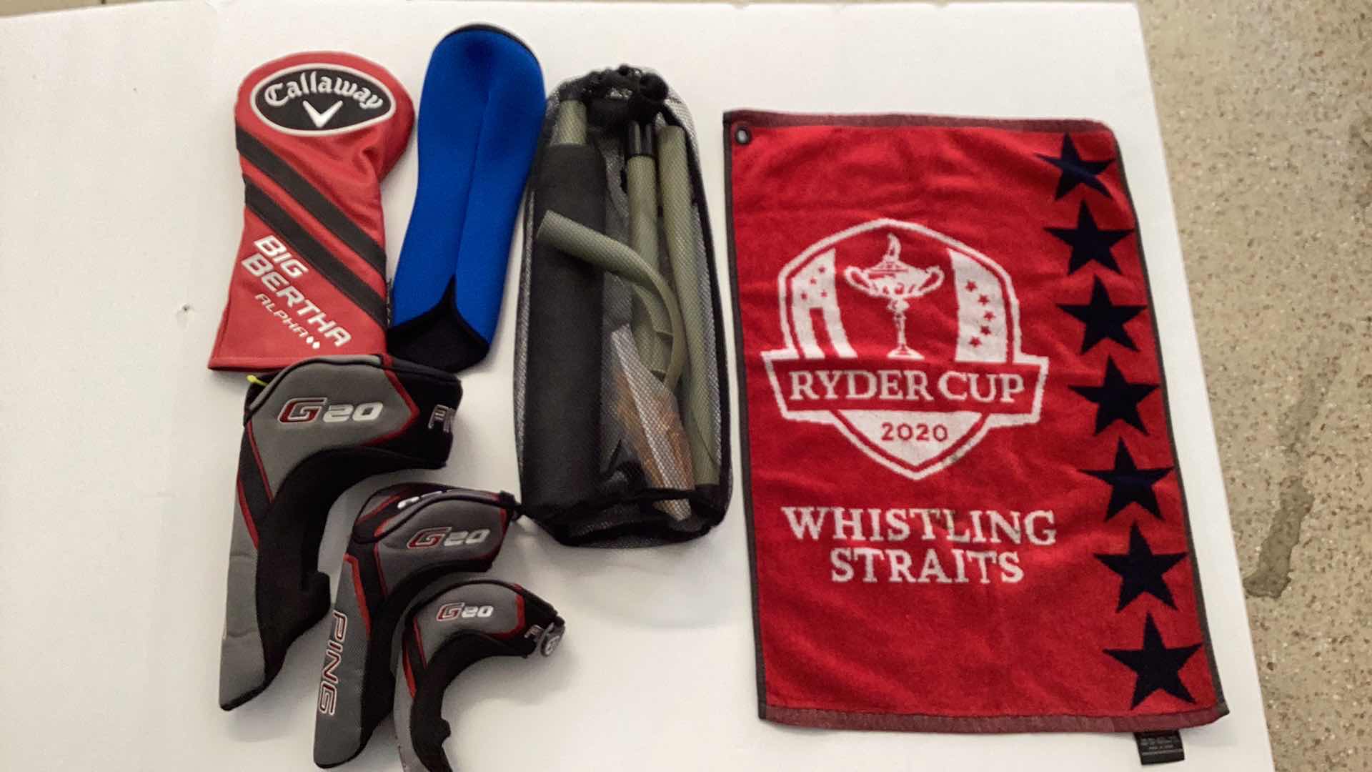 Photo 1 of PING AND CALLAWAY GOLF HEAD COVERS, RYDER CUP 2020 TOWEL, JACK NICKLAUS INSIDE APPROACH GOLF TRAINER