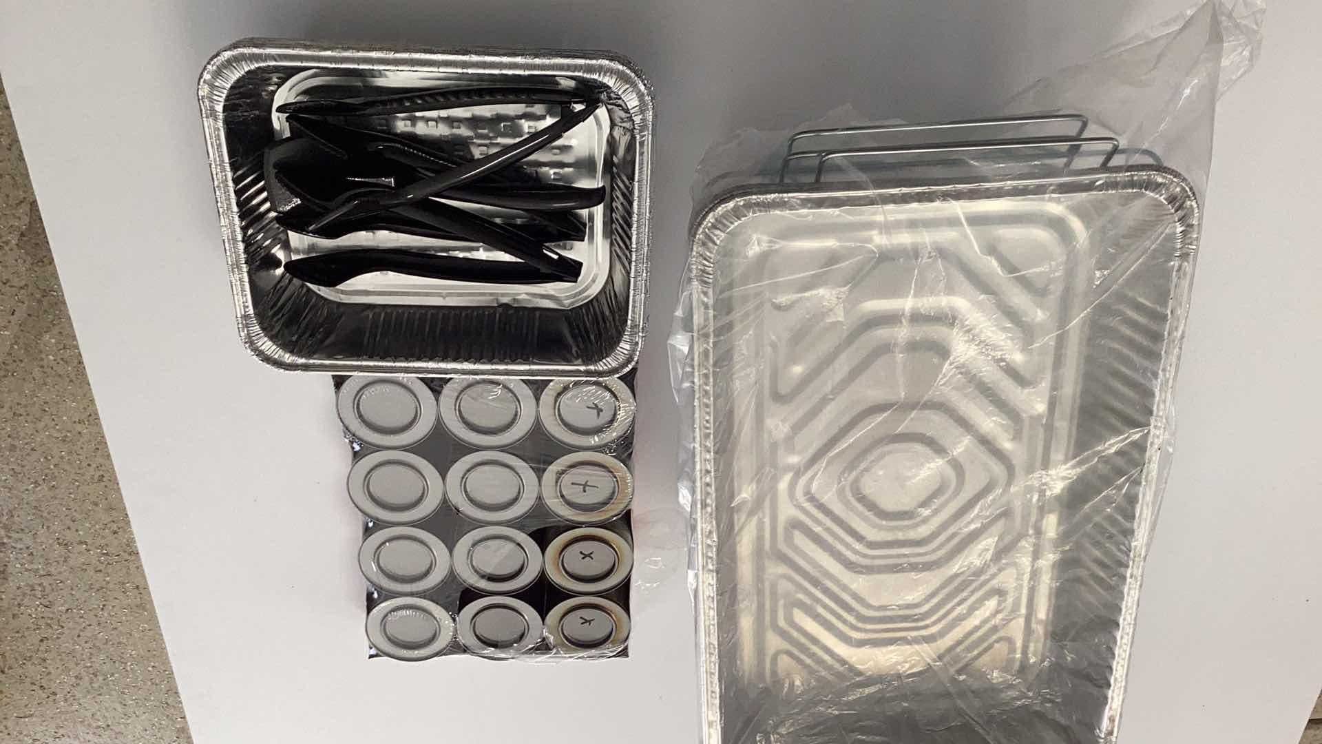 Photo 1 of 3- ALUMINUM BUFFET TRAYS WITH UTENSILS, STANDS, AND FUEL GEL