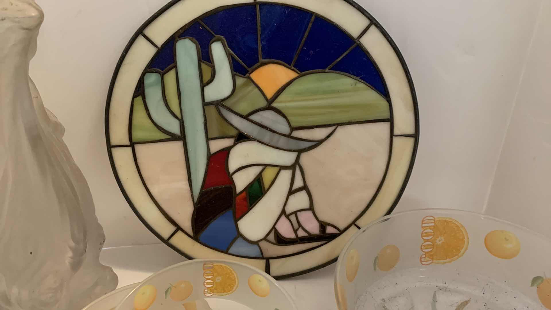 Photo 1 of HOME COLLECTIBLE ASSORTMENT, STAINED GLASS, ELEPHANT VASE H18”, BOWLS AND MORE