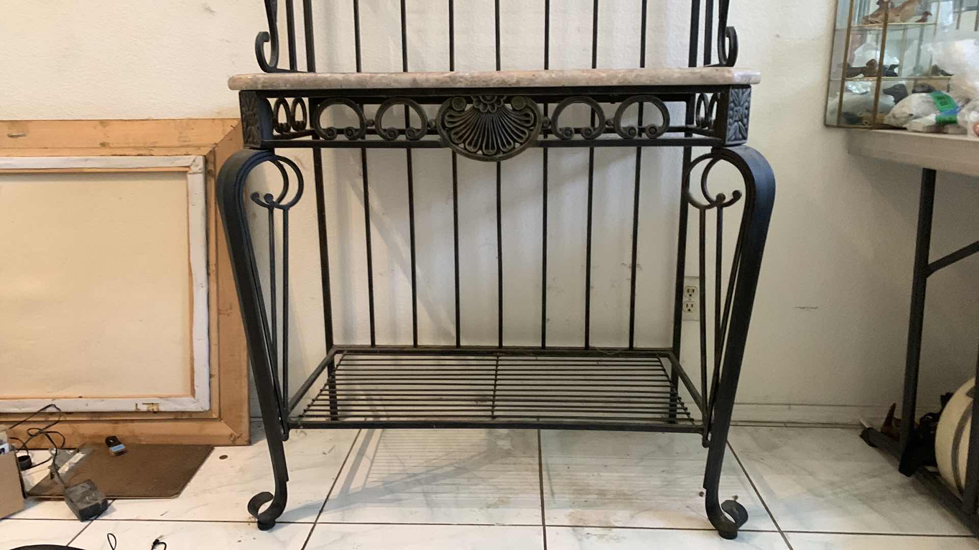 Photo 1 of BLACK WROUGHT IRON BAKERS RACK W MARBLE TOP 36” x 20”
x H76”