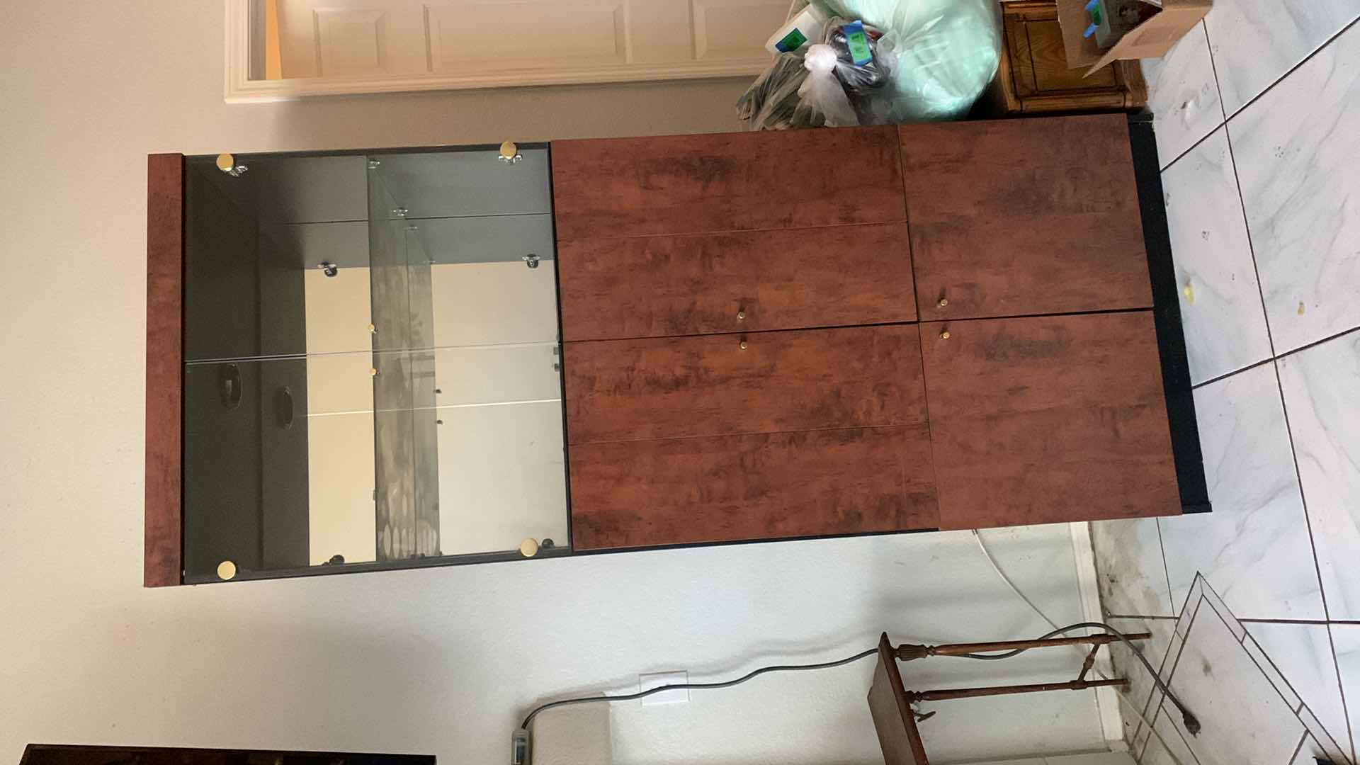 View 2 of Burl Walnut Wall Unit Pieces w/ Interior Lights 32.5” x 16.5” x H80” CONTENTS NOT INCLUDED 

$