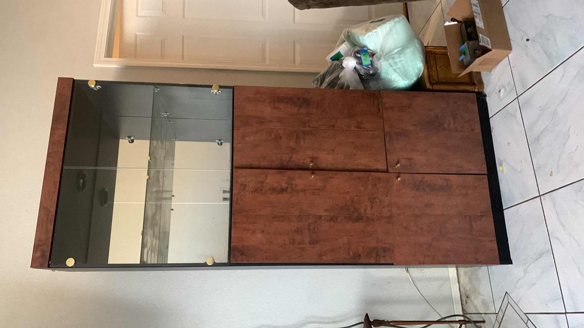 View 7 of Burl Walnut Wall Unit Pieces w/ Interior Lights 32.5” x 16.5” x H80” CONTENTS NOT INCLUDED 

$
