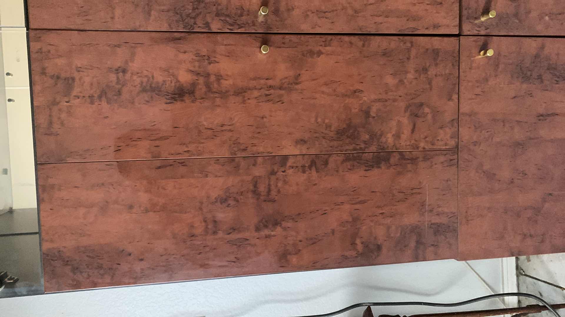 View 4 of Burl Walnut Wall Unit Pieces w/ Interior Lights 32.5” x 16.5” x H80” CONTENTS NOT INCLUDED 

$