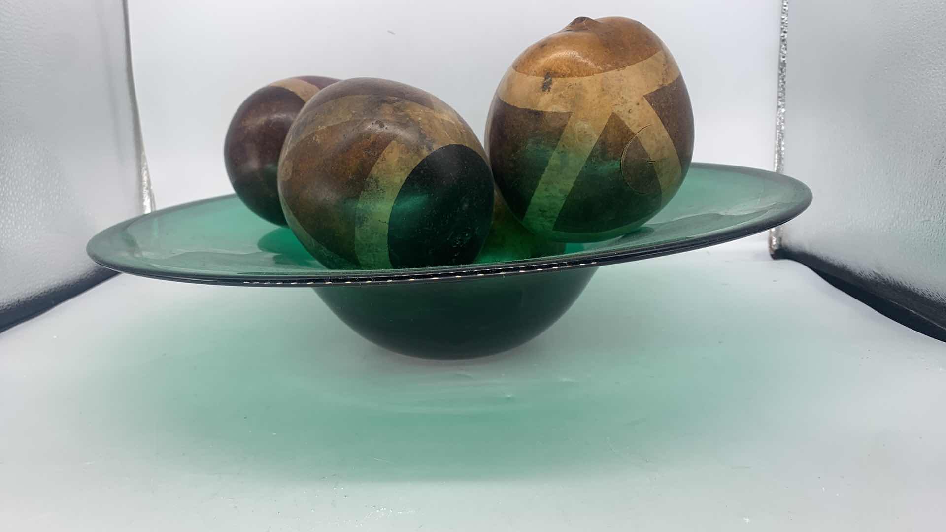 Photo 1 of 17” GLASS BOWL W FOUR GOURDS APPROXIMATELY 6” EA
