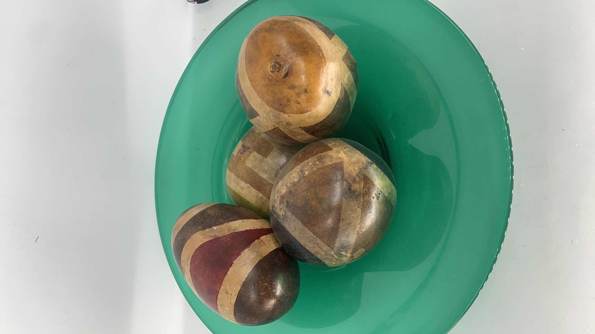 Photo 1 of 17” GLASS BOWL W FOUR GOURDS APPROXIMATELY 6” EA