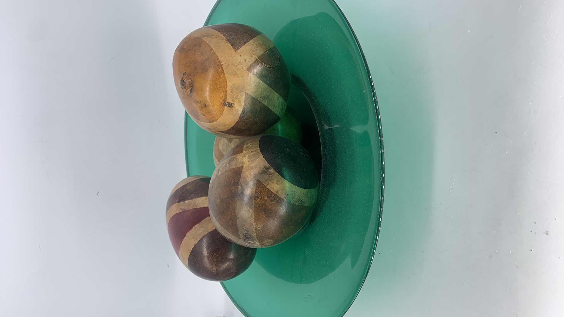 Photo 1 of 17” GLASS BOWL W FOUR GOURDS APPROXIMATELY 6” EA