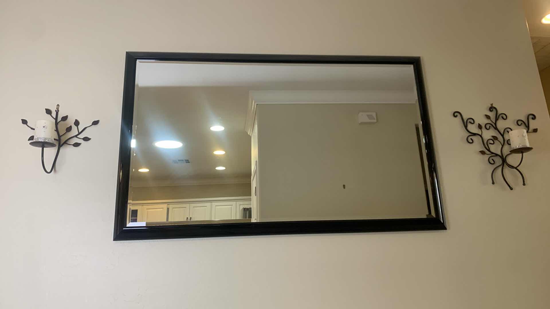 Photo 1 of BLACK LACQUER FRAMED BEVELED GLASS MIRROR 60” x 36” W TWO METAL SCULPTURED SCONCES
